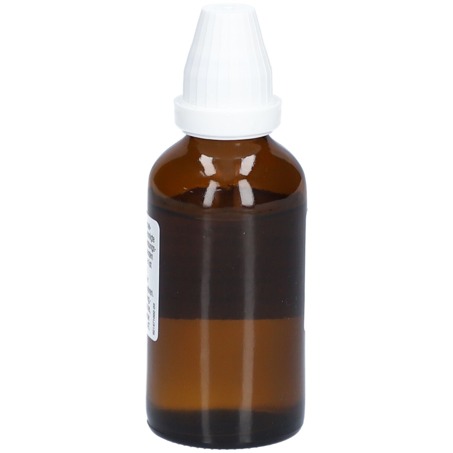 Braune Glasflasche mit weißem Verschluss. Etikett mit Produktinformationen.