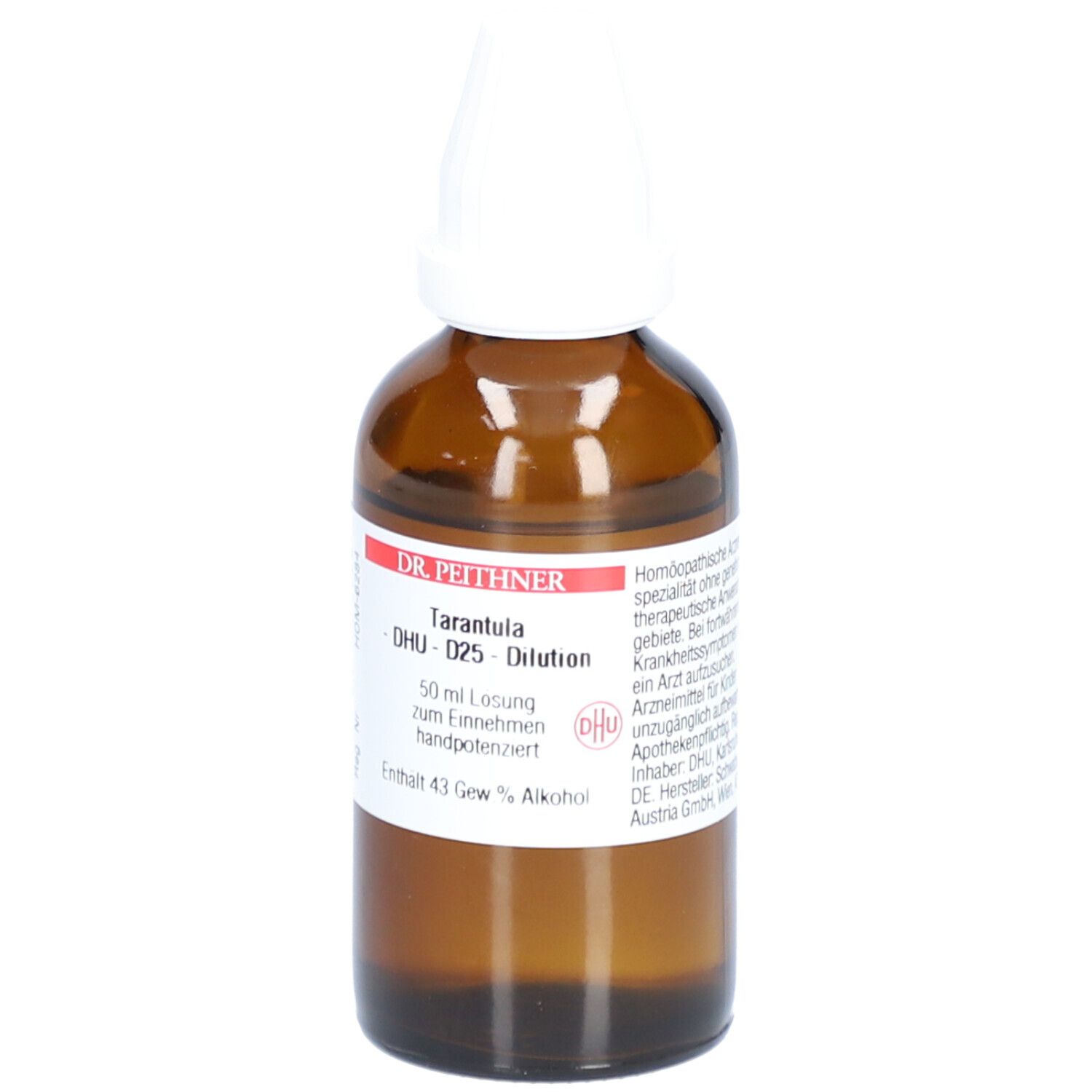 Braune Glasflasche mit weißem Verschluss. Etikett mit Produktnamen, Inhaltsangabe und Herstellerinformationen.