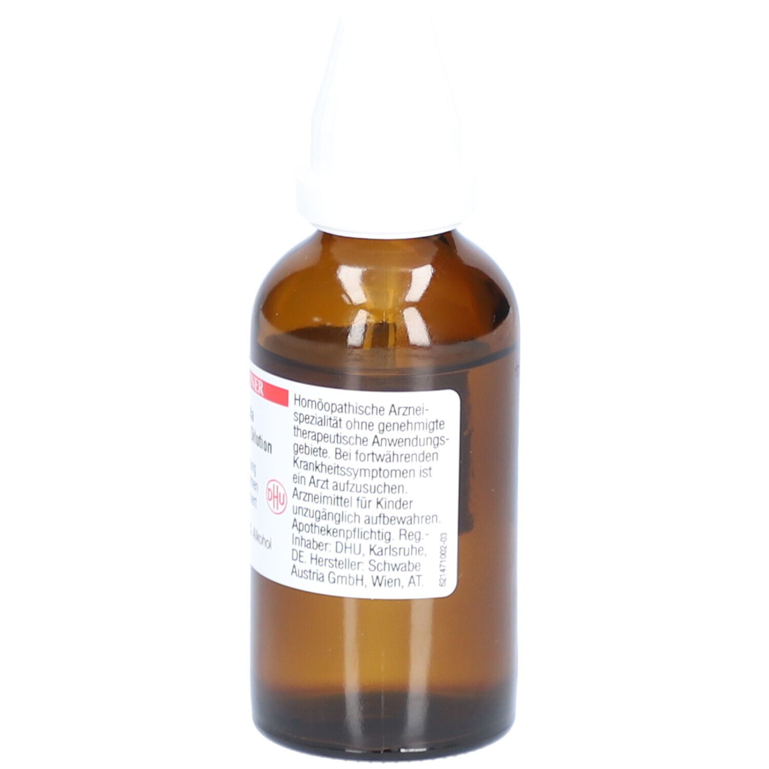 Braune Glasflasche mit weißem Verschluss. Etikett mit Produktinformationen und Herstellerangaben.