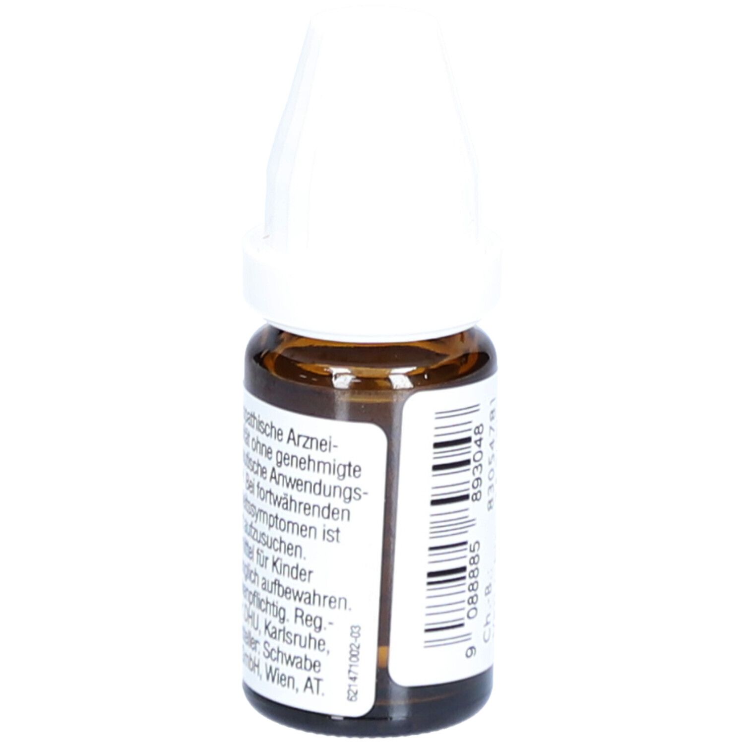 Braune Glasflasche mit weißem Deckel. Etikett mit Text: homöopathische Arzneimittel, für Kinder unzugänglich aufbewahren.