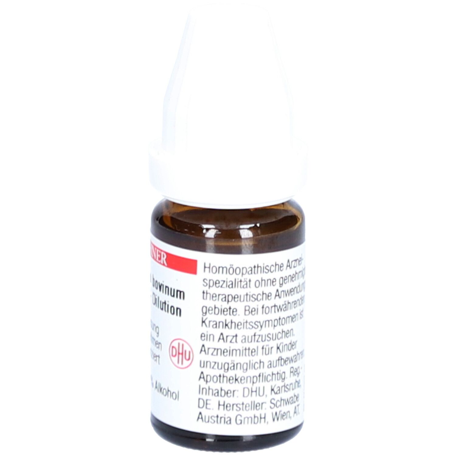 Braune Glasflasche mit weißem Deckel. Etikett mit Text: homöopathische Arzneimittel, für Kinder unzugänglich aufbewahren.