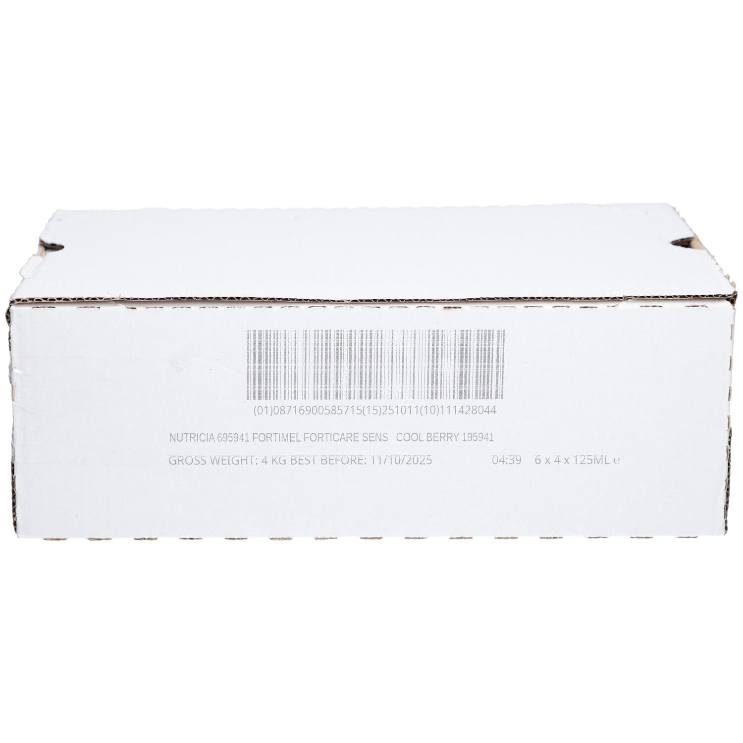 Weißer Karton mit Produktinformationen. Text: NUTRICIA, FORTIMEL FORTICARE SENS COOL BERRY. MHD: 13/10/2025. 6 x 4 x 125ml.