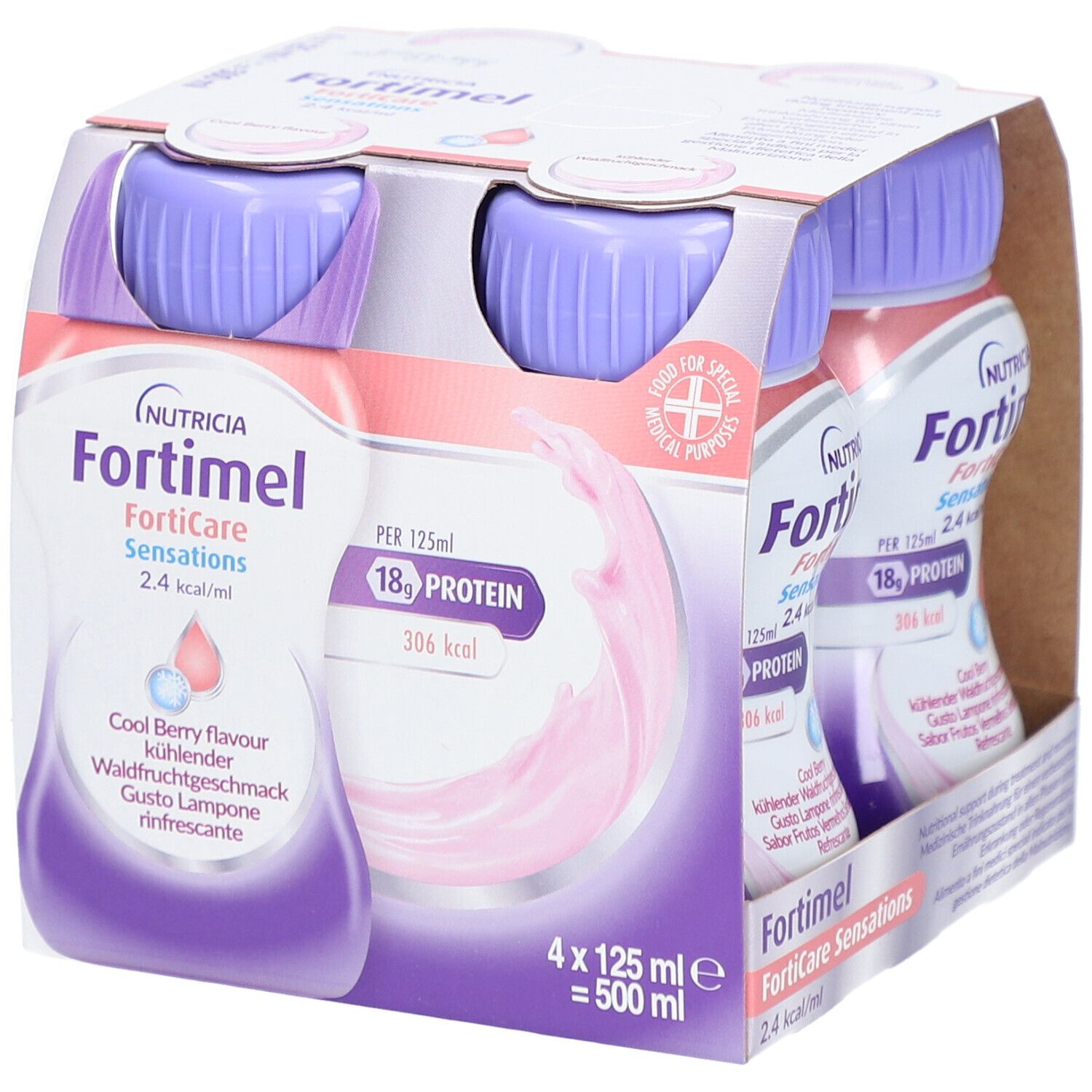 Packung mit vier Flaschen Fortimel FortiCare Sensations. Jede Flasche enthält 125 ml. Aufdruck: 18g Protein, 306 kcal.