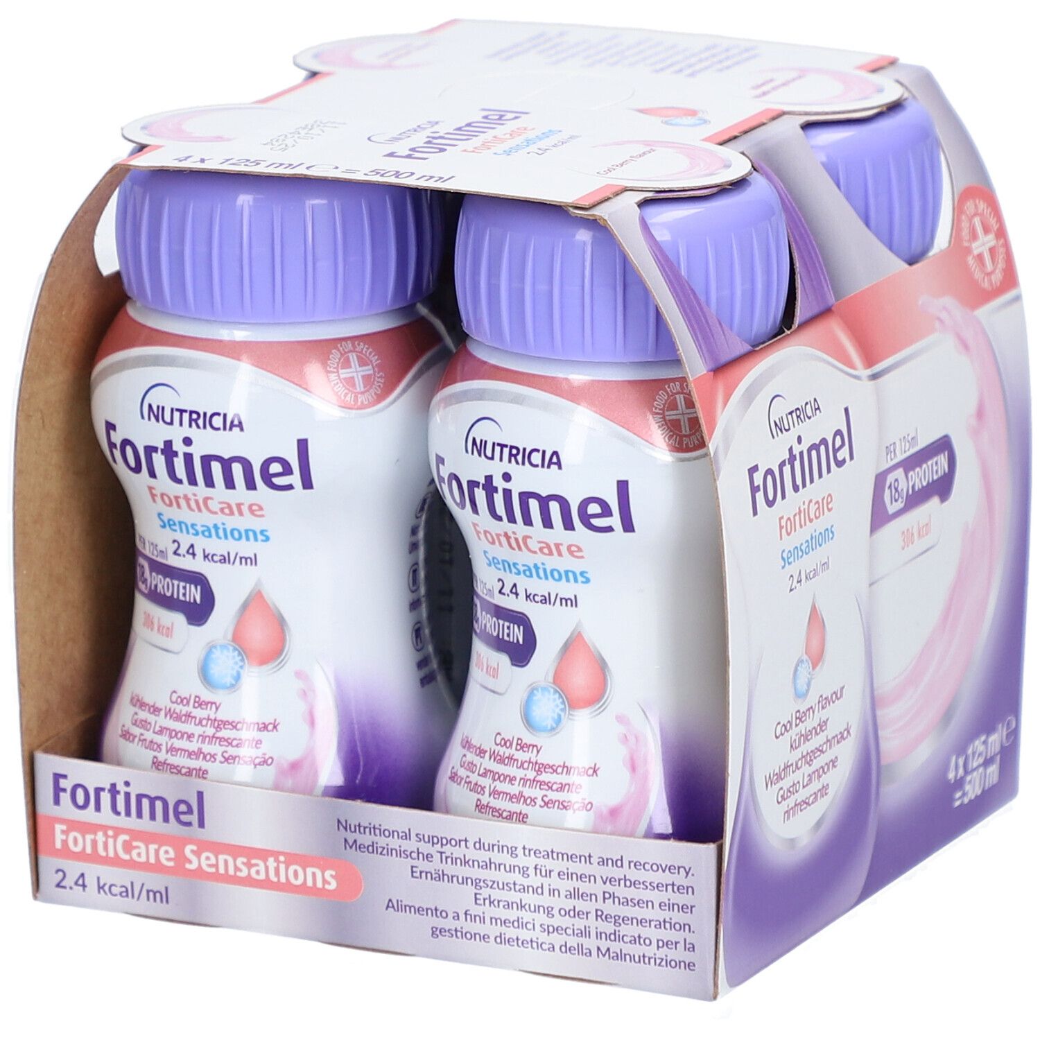 Packung mit vier Flaschen Fortimel FortiCare Sensations. Jede Flasche enthält 125 ml. Aufdruck: 18g Protein, 306 kcal.