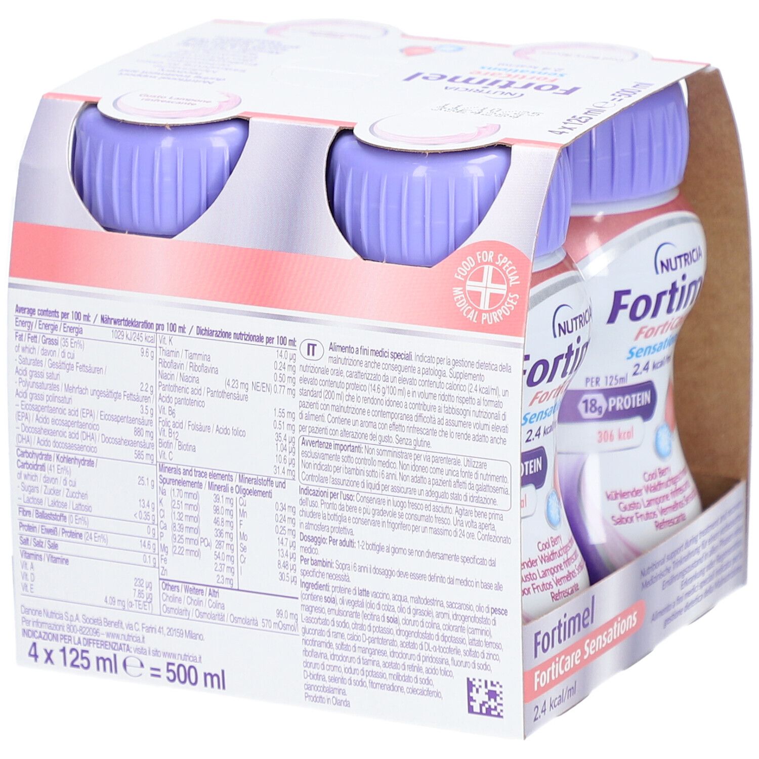 Packung mit vier Flaschen Fortimel FortiCare Sensations. Jede Flasche enthält 125 ml. Aufdruck: 18g Protein, 306 kcal.