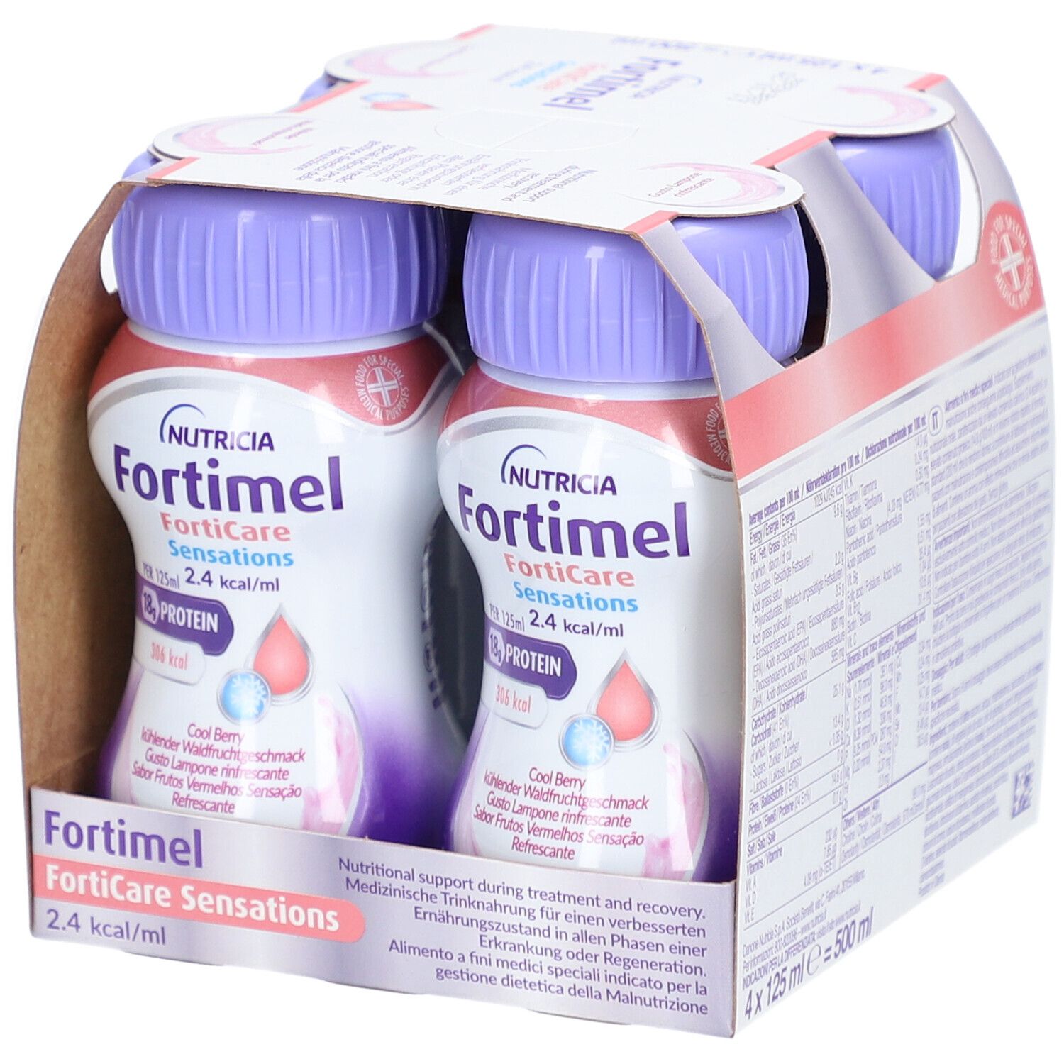 Packung mit vier Flaschen Fortimel FortiCare Sensations. Jede Flasche enthält 125 ml. Aufdruck: 18g Protein, 306 kcal.