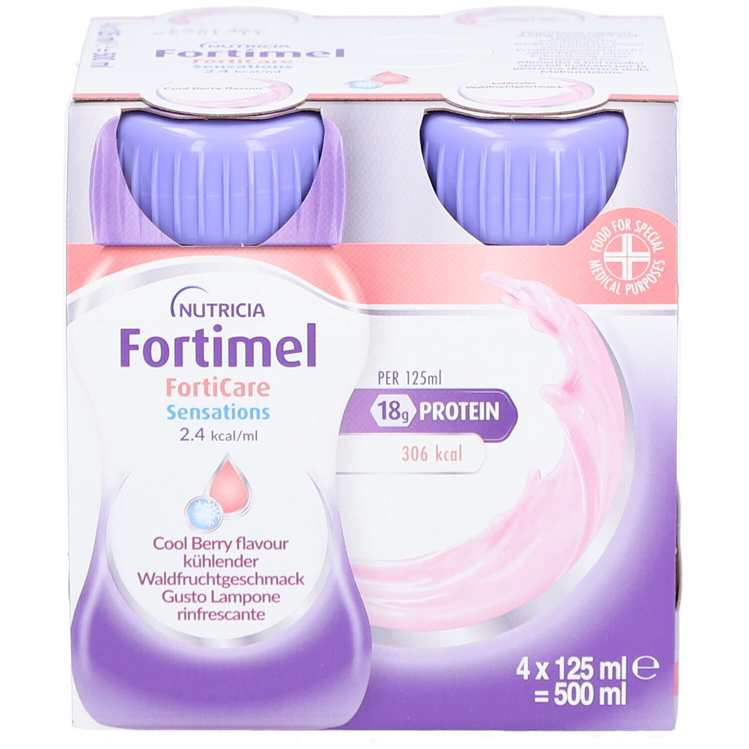 Packung mit vier Flaschen Fortimel FortiCare Sensations. Jede Flasche enthält 125 ml. Aufdruck: 18g Protein, 306 kcal.