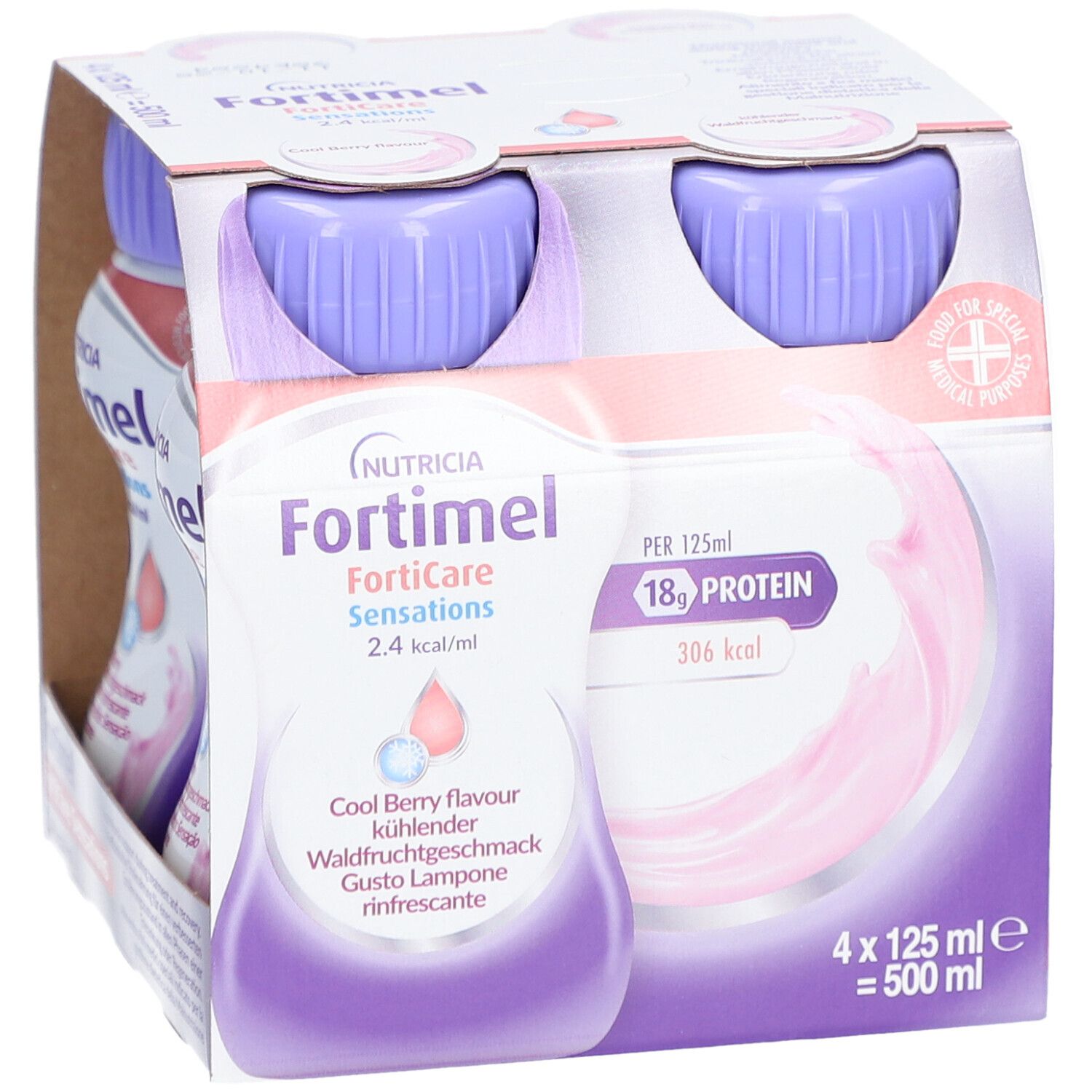 Packung mit vier Flaschen Fortimel FortiCare Sensations. Jede Flasche enthält 125 ml. Aufdruck: 18g Protein, 306 kcal.