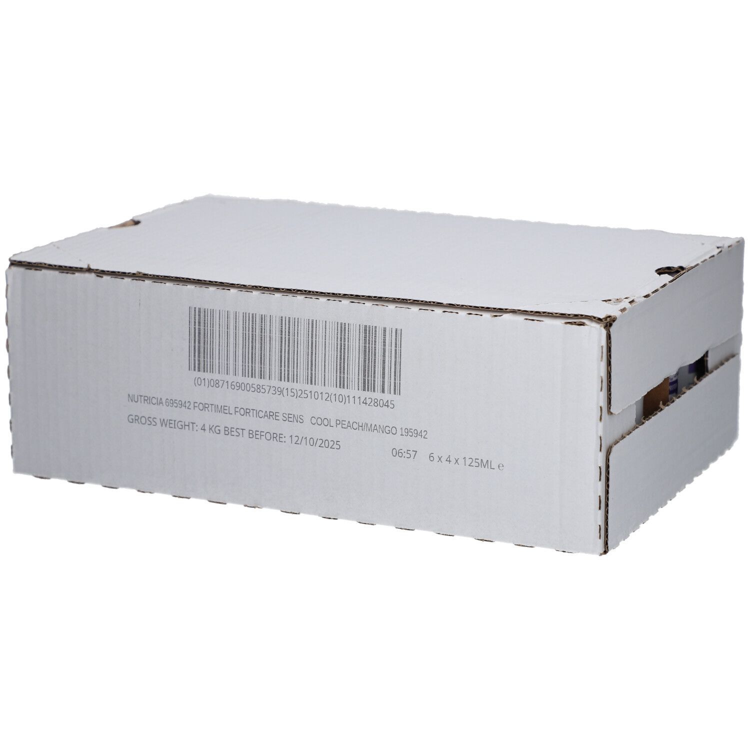 Weißer Karton mit Barcode und Produktinformationen. Aufschrift: Fortimel Forticare Sens Mango/Pfirsich. 6 x 4 x 125ml.