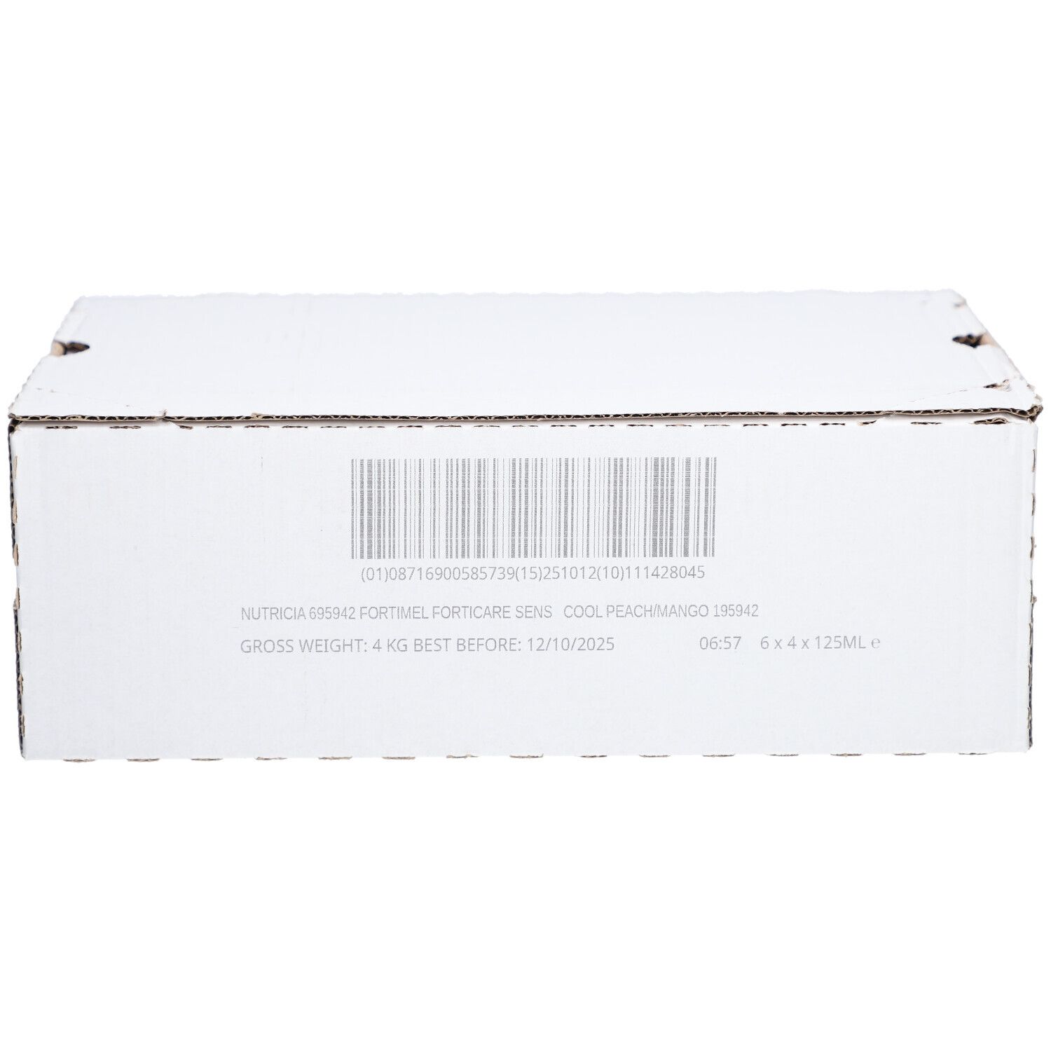 Weißer Karton mit Barcode und Produktinformationen. Aufschrift: Fortimel Forticare Sens Cool Peachmango. 6 x 4 x 125ml.