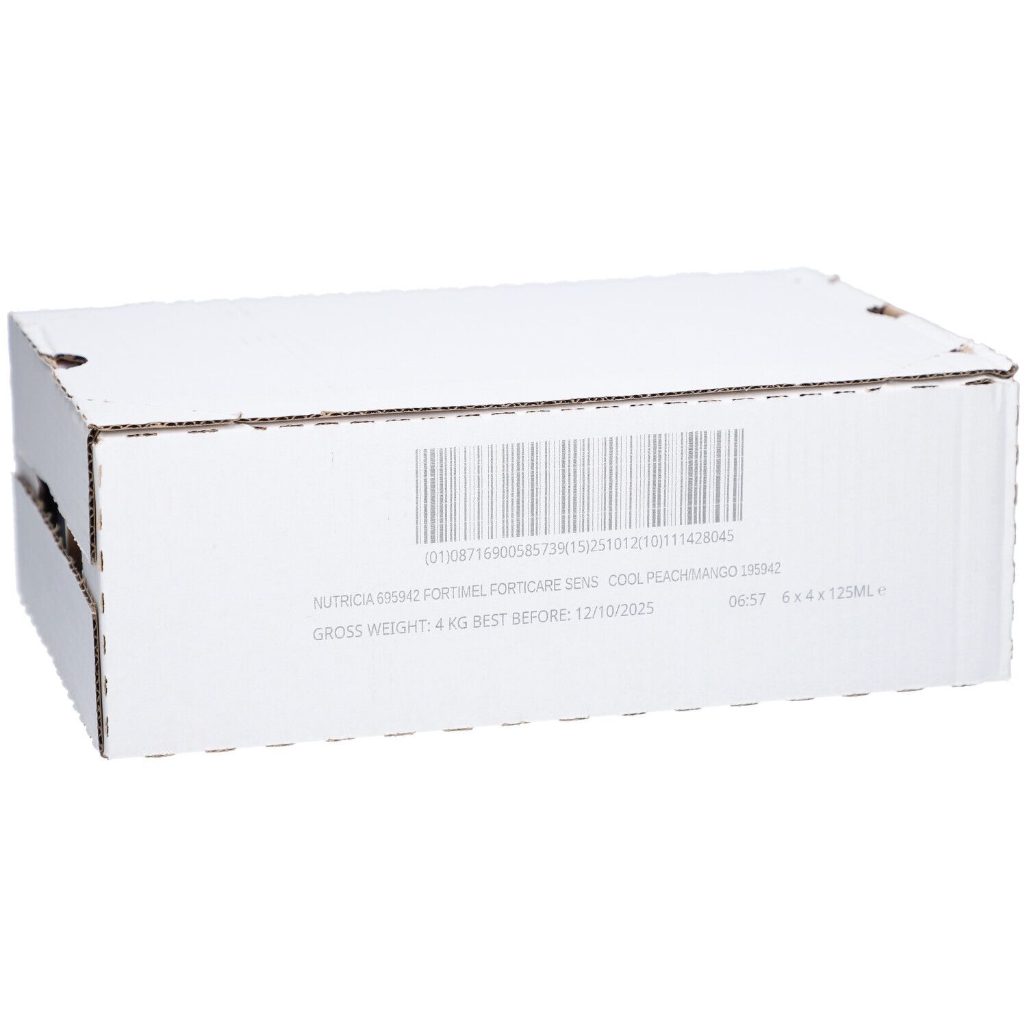 Weißer Karton mit Barcode und Produktinformationen. Aufschrift: Fortimel Forticare Sens Cool Peachmango. 6 x 4 x 125ml.