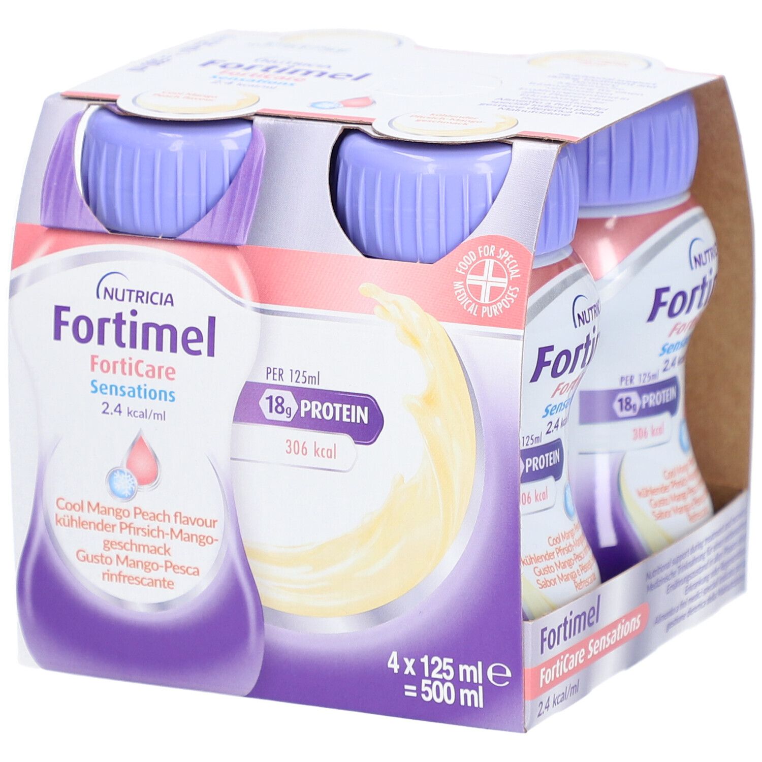 Packung mit vier Flaschen Trinknahrung. Lila Deckel, weißes Etikett mit Produktinformationen. 4 x 125 ml.