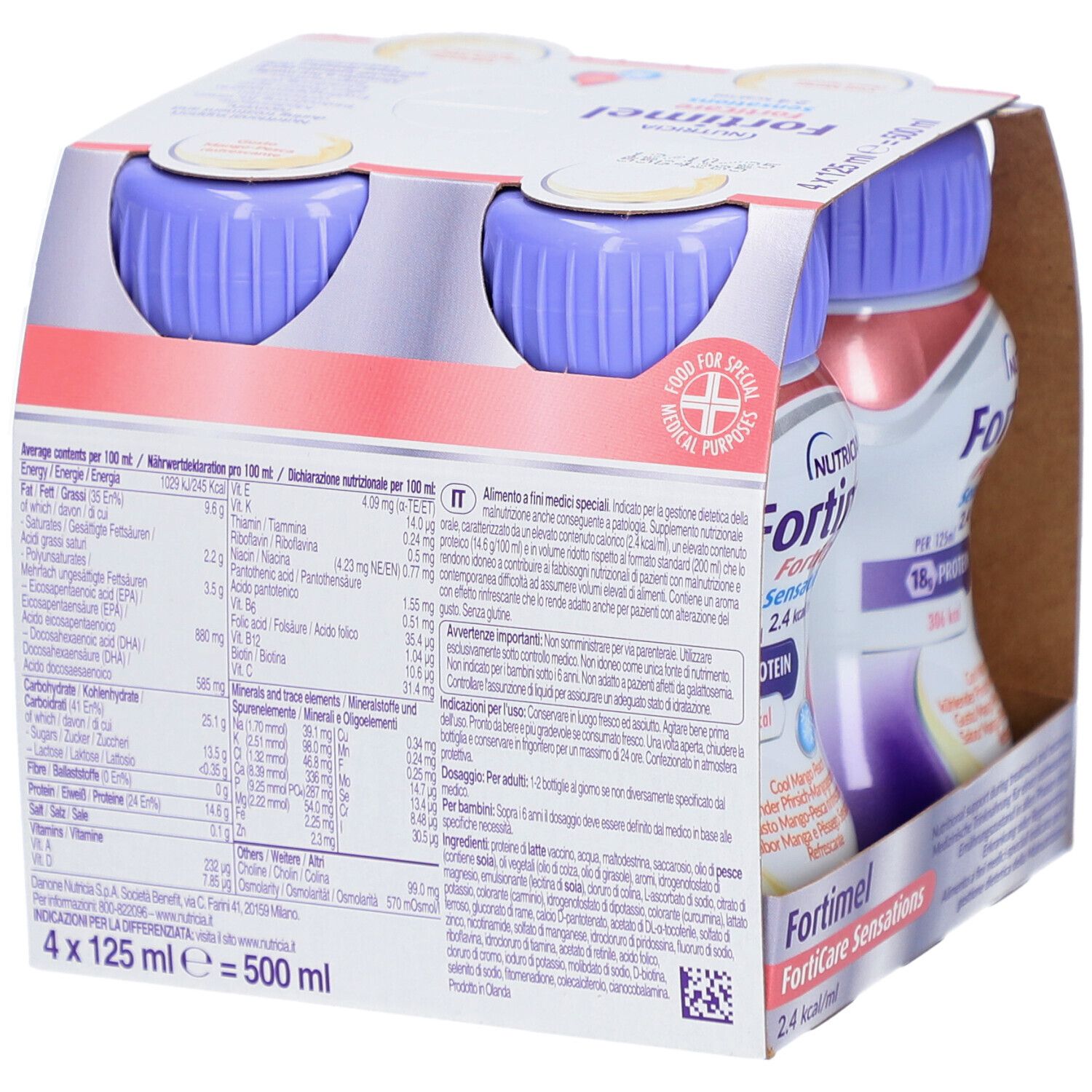 Packung mit vier Flaschen Trinknahrung. Rückseite mit Nährwertangaben. 4 x 125 ml.