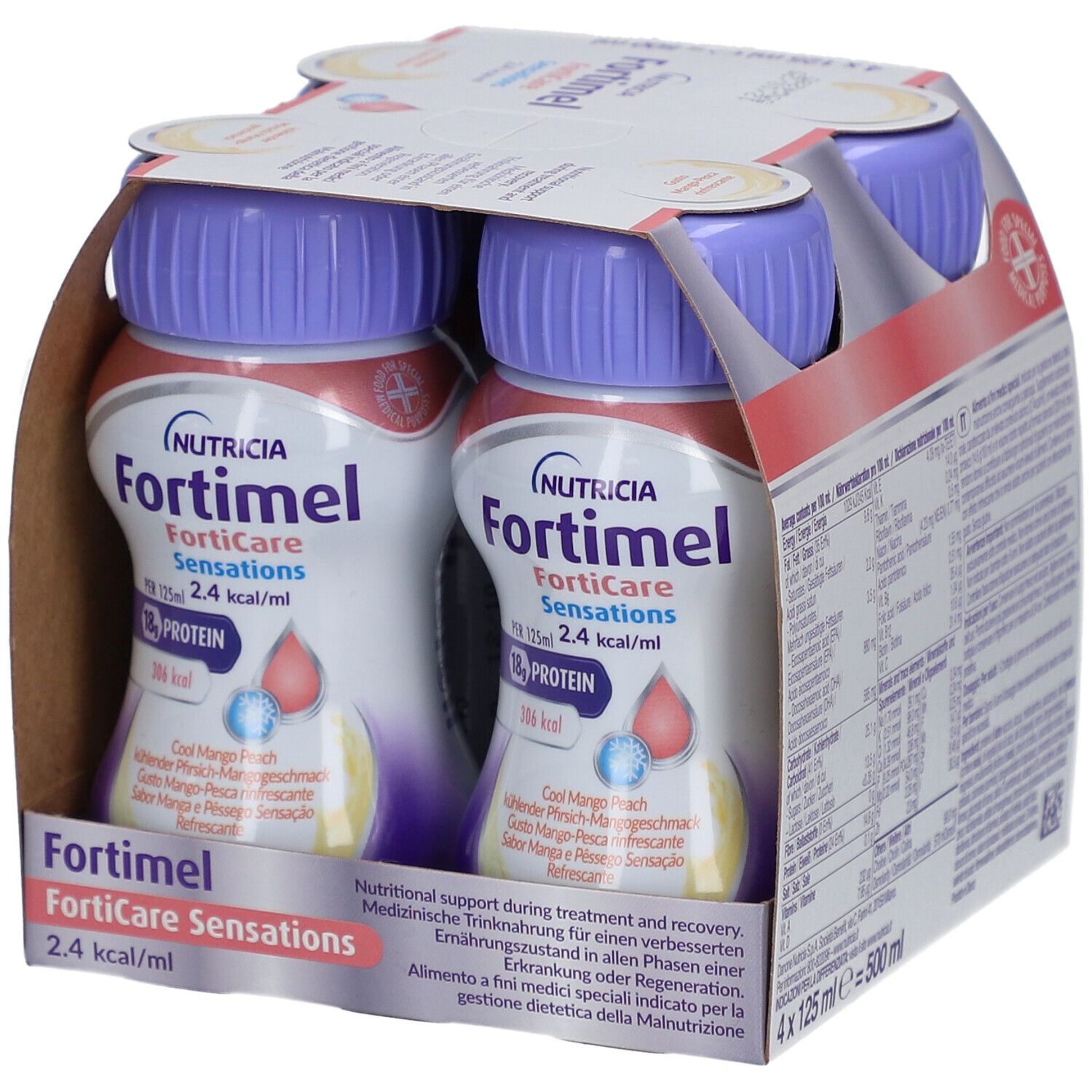 Packung mit vier Flaschen Trinknahrung. Lila Deckel, weißes Etikett mit Produktinformationen. 4 x 125 ml.