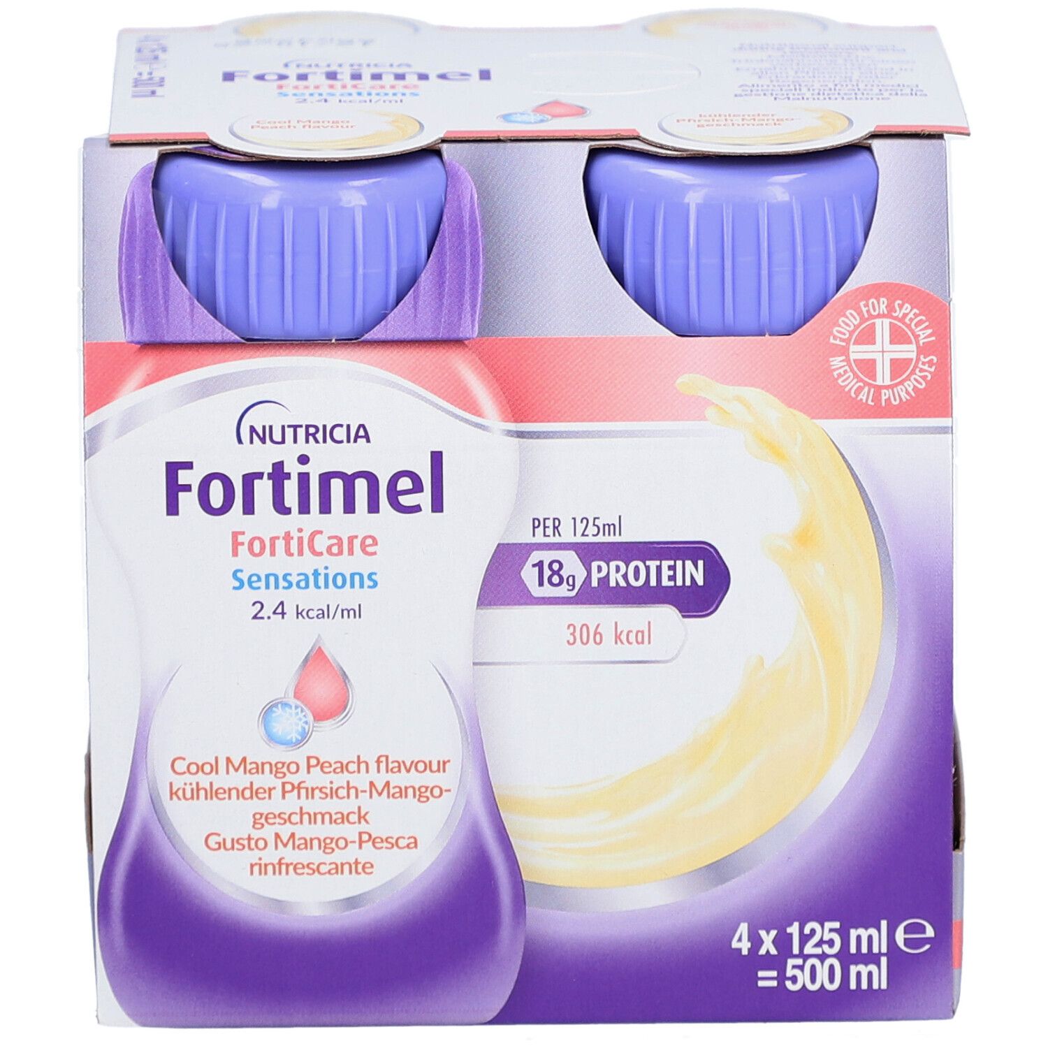 Packung mit vier Flaschen Trinknahrung. Lila Deckel, weißes Etikett mit Produktinformationen. 4 x 125 ml.