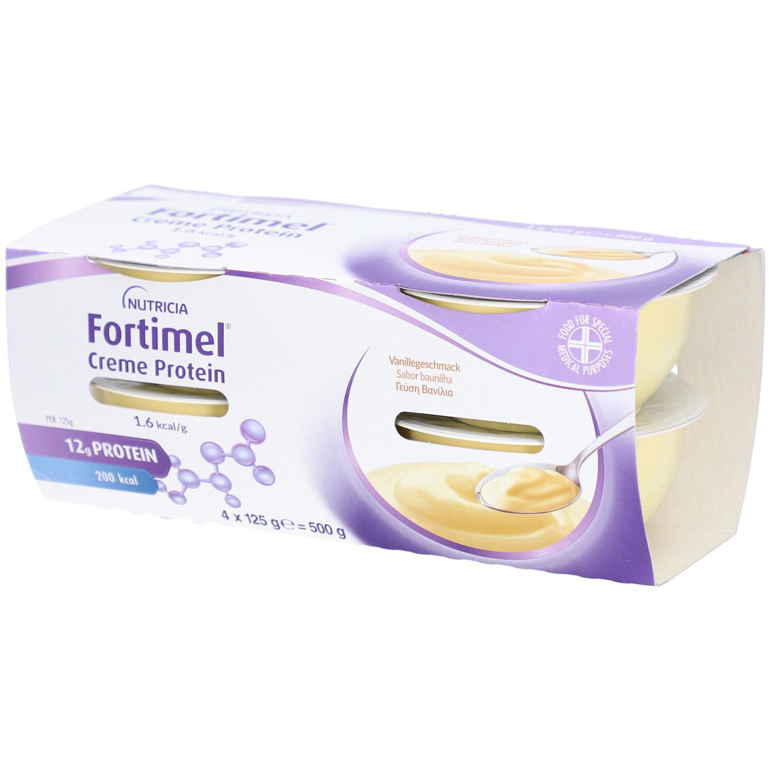 Packung Nutricia Fortimel Crème Protein Vanille. 4 Becher in Kartonverpackung. Sichtbar: Produktname, Nährwertangaben, Löffel.