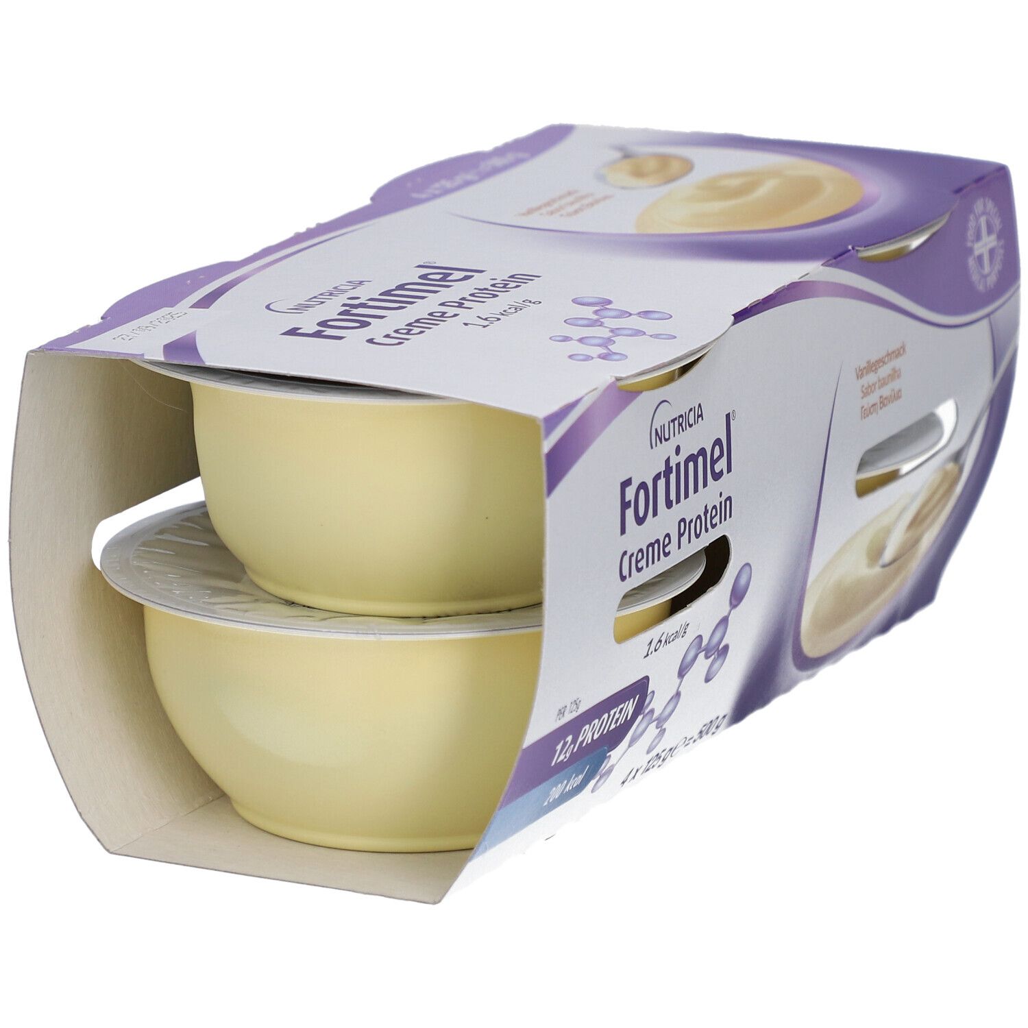 Packung Nutricia Fortimel Crème Protein Vanille. Zwei Becher sichtbar. Produktname, Nährwertangaben. Kartonverpackung teilweise geöffnet.