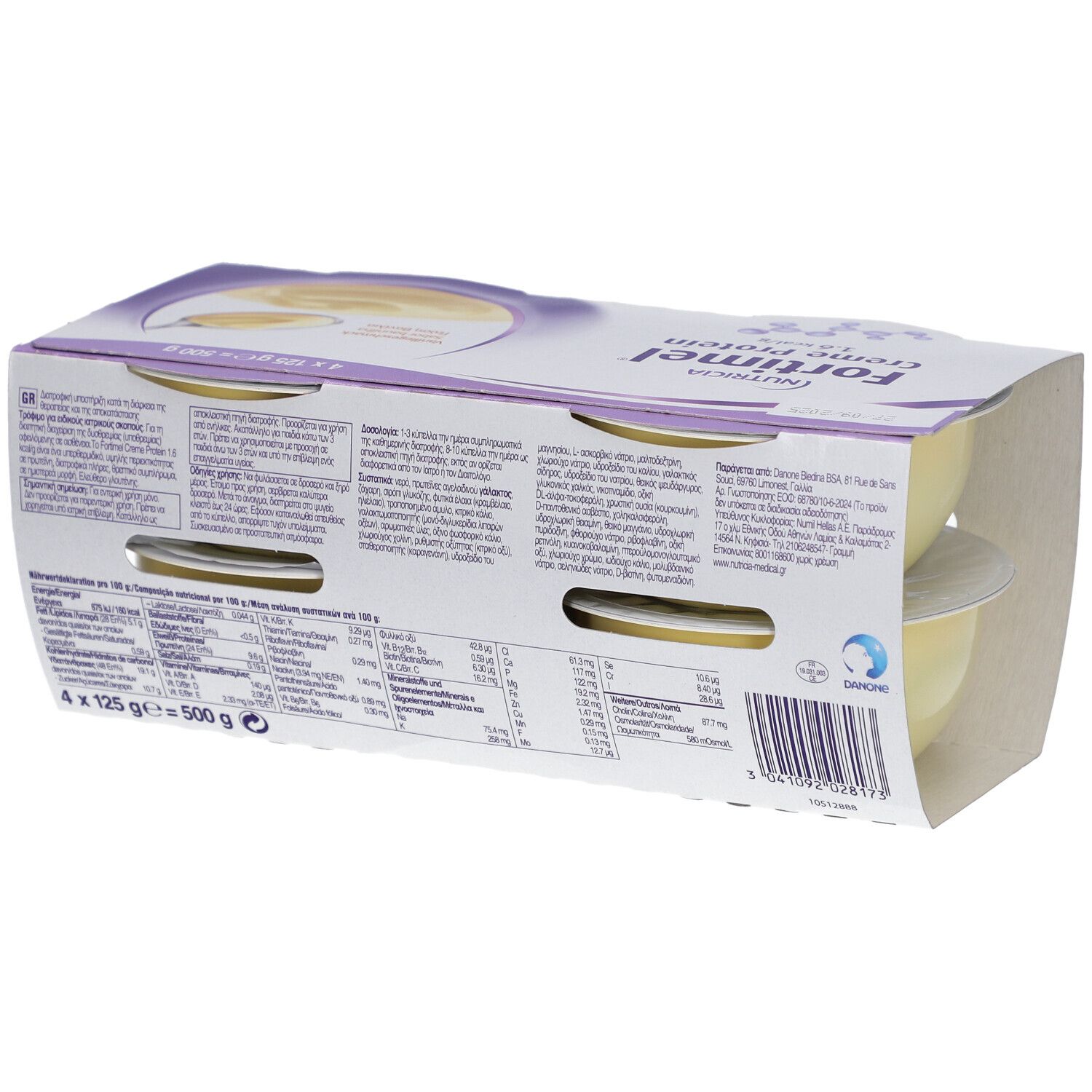 Rückseite der Nutricia Fortimel Crème Protein Vanille Packung. Nährwertangaben, Zutatenliste, Barcode. 4 Becher in Kartonverpackung.