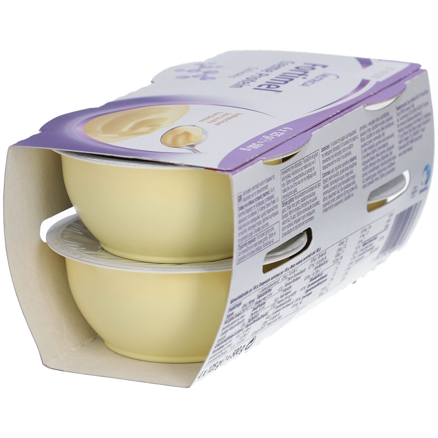 Packung Nutricia Fortimel Crème Protein Vanille. Zwei Becher sichtbar. Produktname, Nährwertangaben. Kartonverpackung teilweise geöffnet.