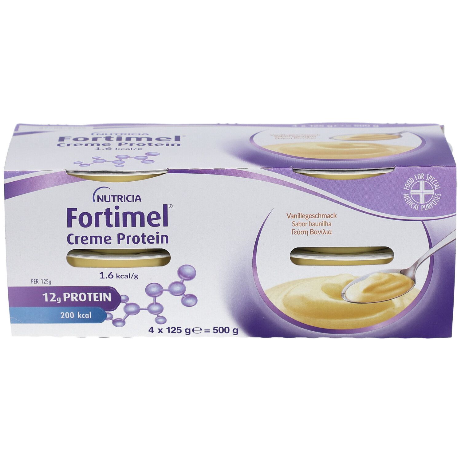 Packung Nutricia Fortimel Crème Protein Vanille. 4 Becher in Kartonverpackung. Sichtbar: Produktname, Nährwertangaben, Löffel.