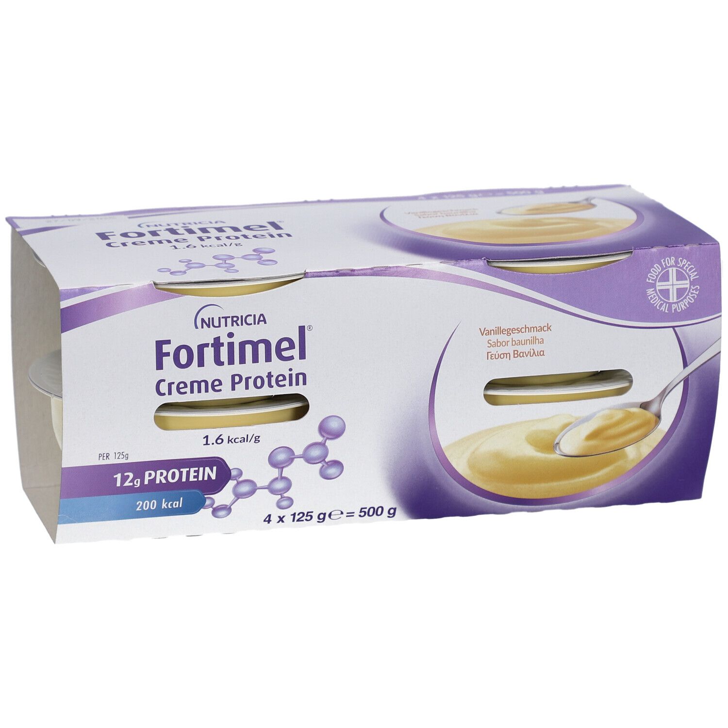 Packung Nutricia Fortimel Crème Protein Vanille. 4 Becher in Kartonverpackung. Sichtbar: Produktname, Nährwertangaben, Löffel.