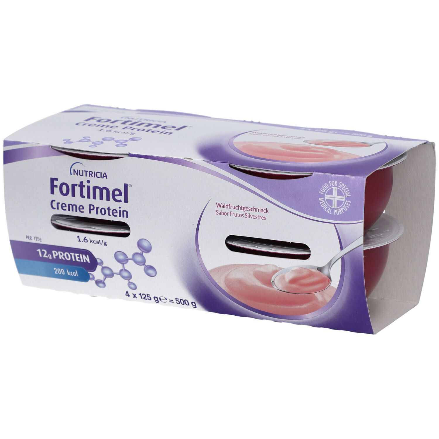 Verpackung von Fortimel Creme Protein. Vier Becher mit Waldfrüchtegeschmack. Enthält 12g Protein und 200 kcal.