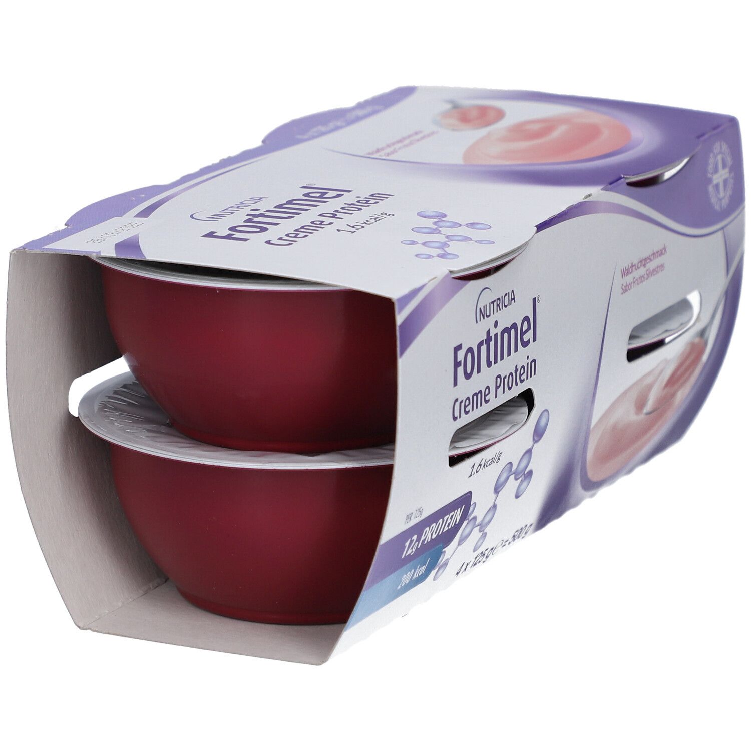 Fortimel Creme Protein Verpackung. Zwei Becher sichtbar. Waldfrüchtegeschmack. 12g Protein, 200 kcal.  Verpackung geöffnet.