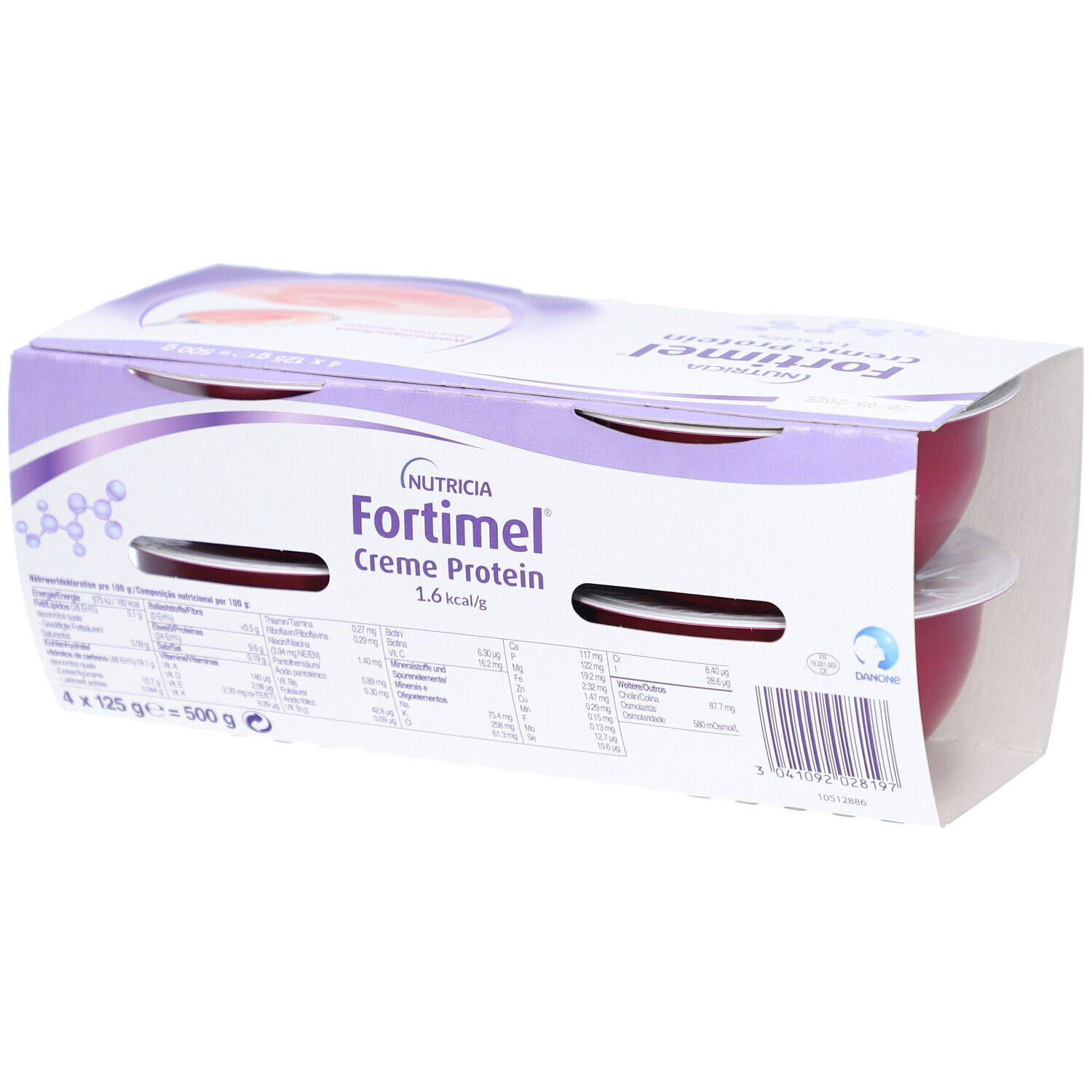 Fortimel Creme Protein Verpackung. Vier Becher. Waldfrüchtegeschmack. 12g Protein, 200 kcal. Nährwertangaben und Barcode.