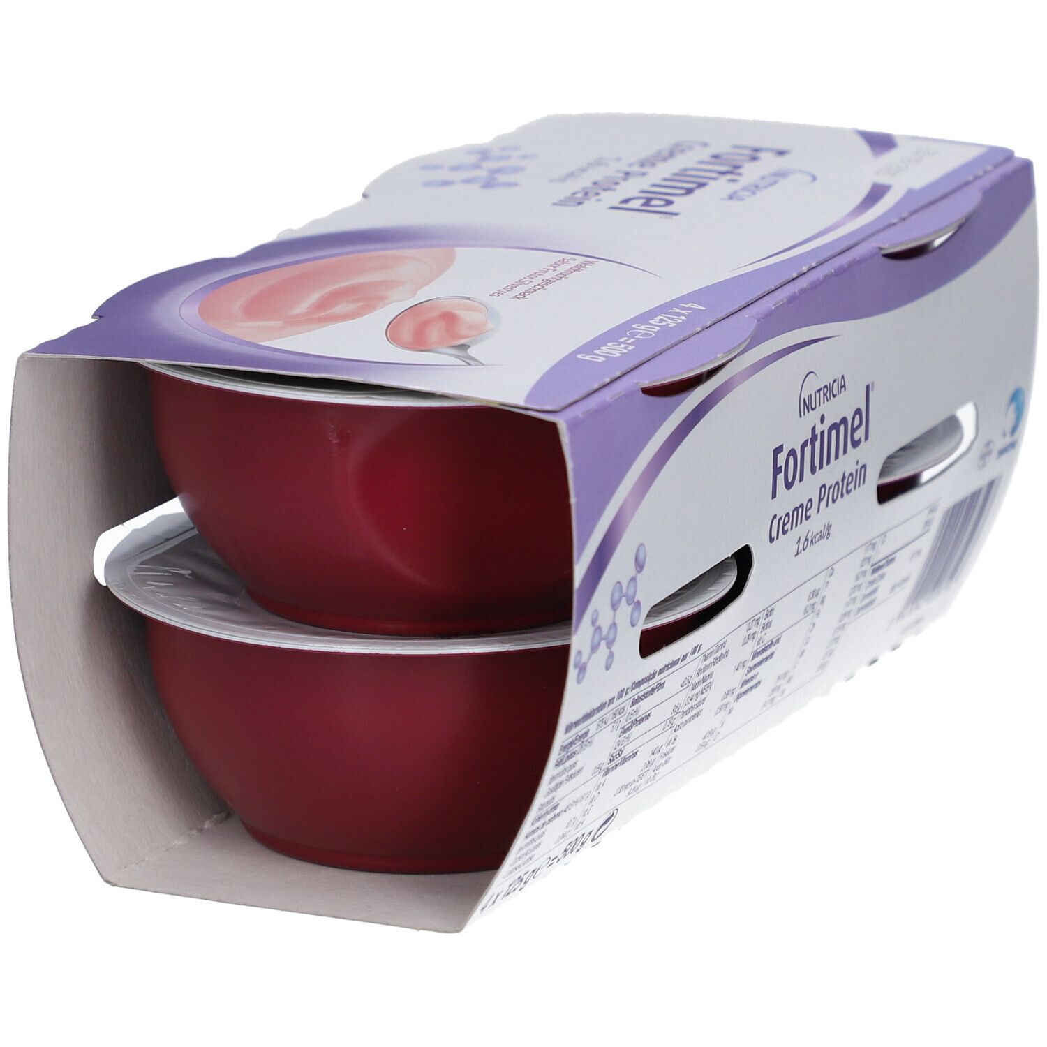 Fortimel Creme Protein Verpackung. Zwei Becher sichtbar. Waldfrüchtegeschmack. 12g Protein, 200 kcal. Verpackung geöffnet.