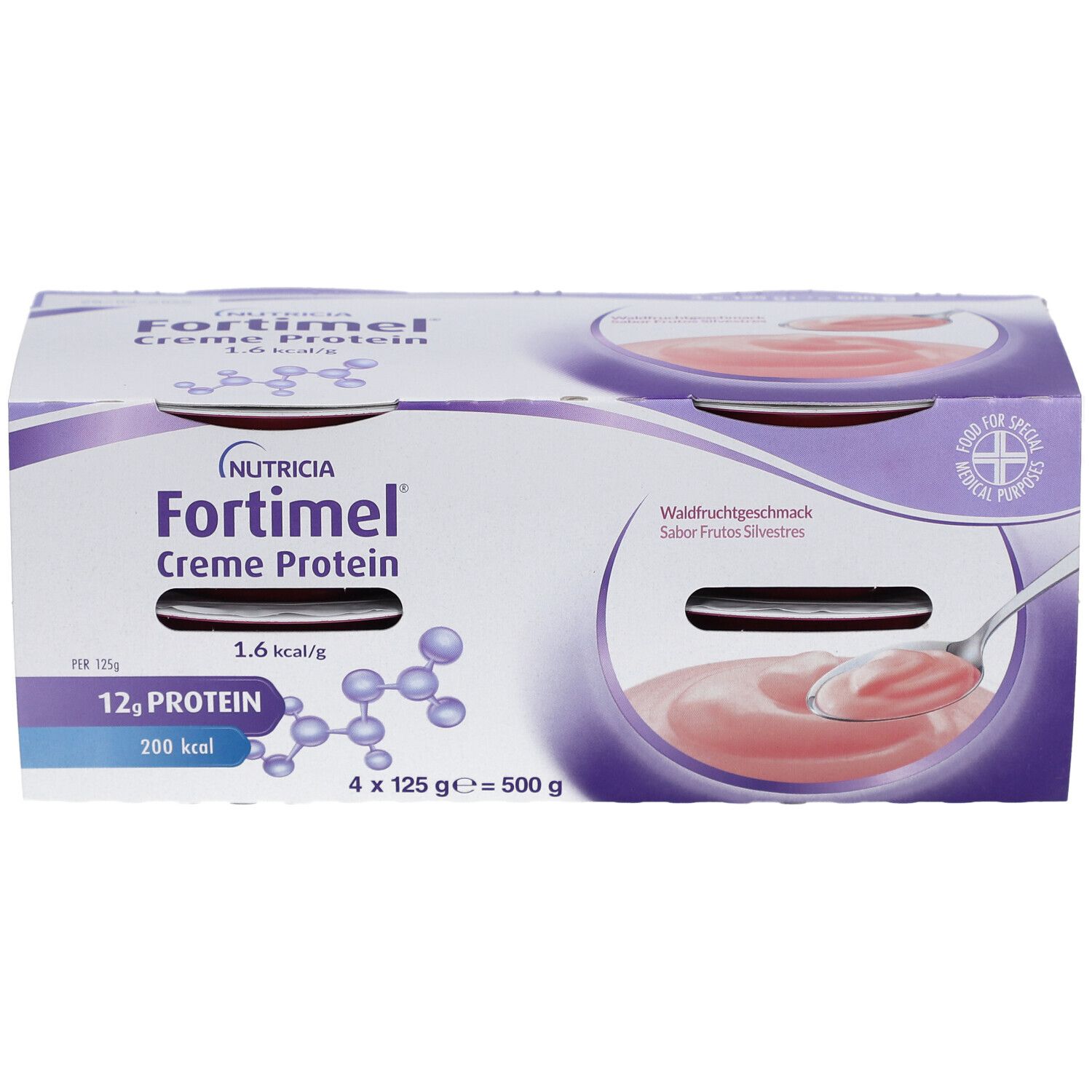 Fortimel Creme Protein Verpackung. Vier Becher. Waldfrüchtegeschmack. 12g Protein, 200 kcal. Löffel im Becher.