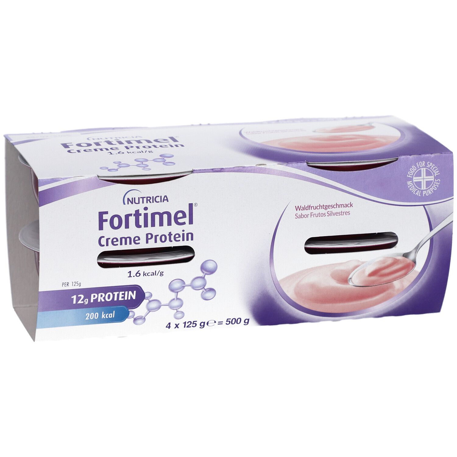 Fortimel Creme Protein Verpackung. Vier Becher. Waldfrüchtegeschmack. 12g Protein, 200 kcal. Löffel im Becher.