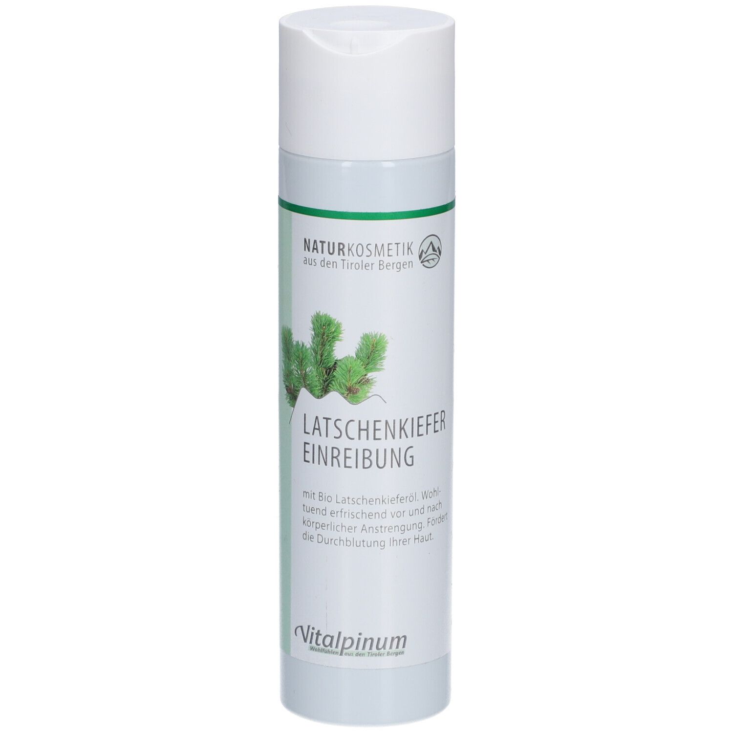 Flacon cylindrique blanc. Inscription: Latschenkiefer Einreibung. Naturkosmetik. Logo Vitalpinum.