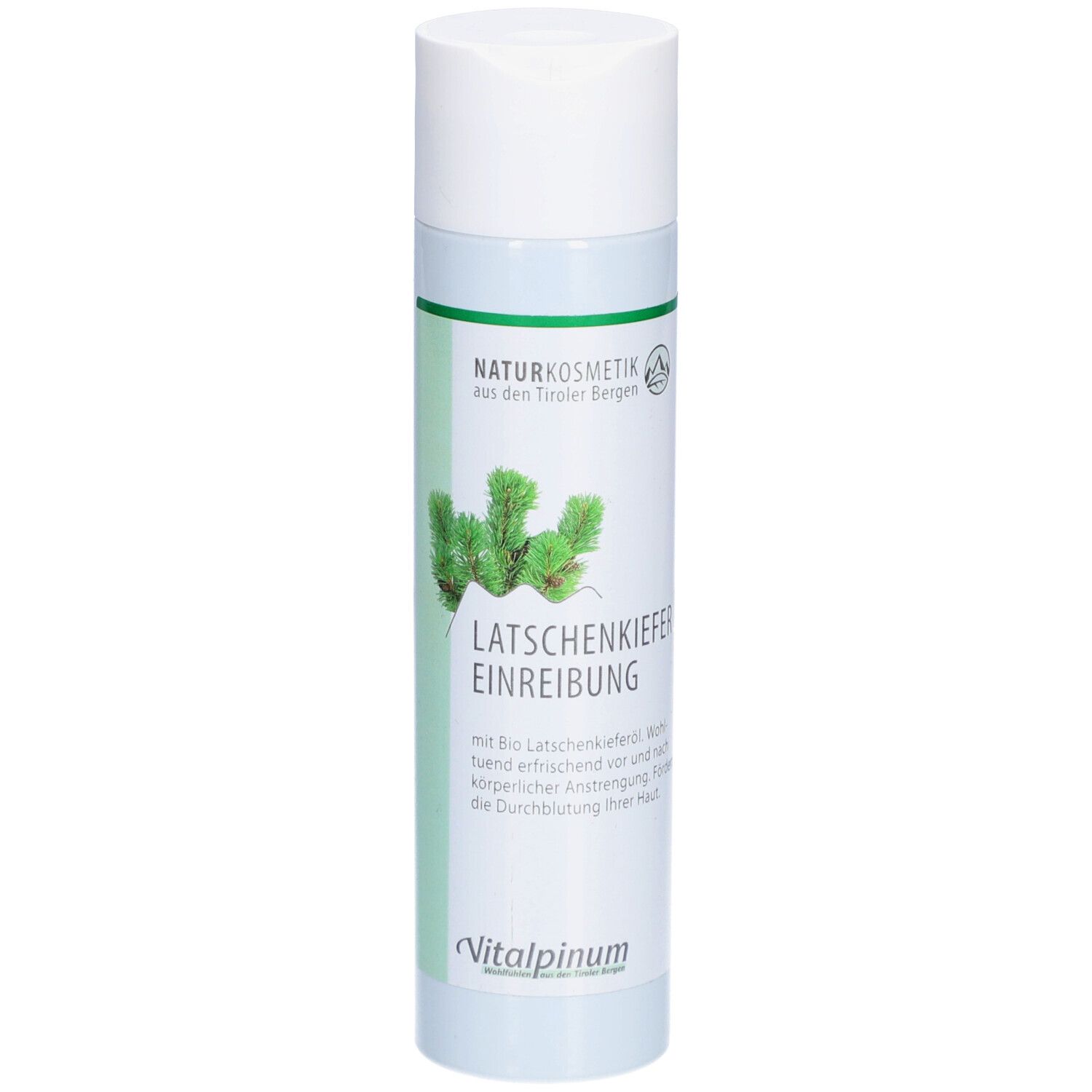 Flacon cylindrique blanc avec bande verte. Inscription: Latschenkiefer Einreibung. Naturkosmetik. Logo Vitalpinum.