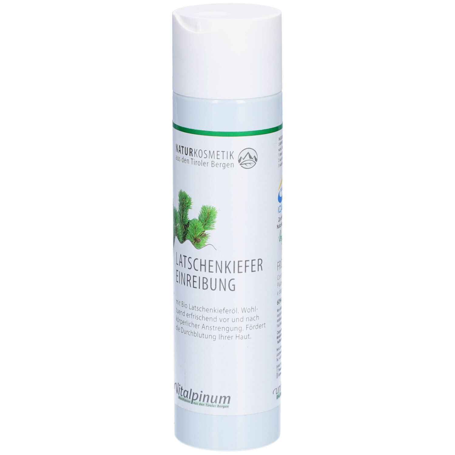 Flacon cylindrique blanc avec bande verte. Inscription: Latschenkiefer Einreibung. Naturkosmetik. Logo Vitalpinum.