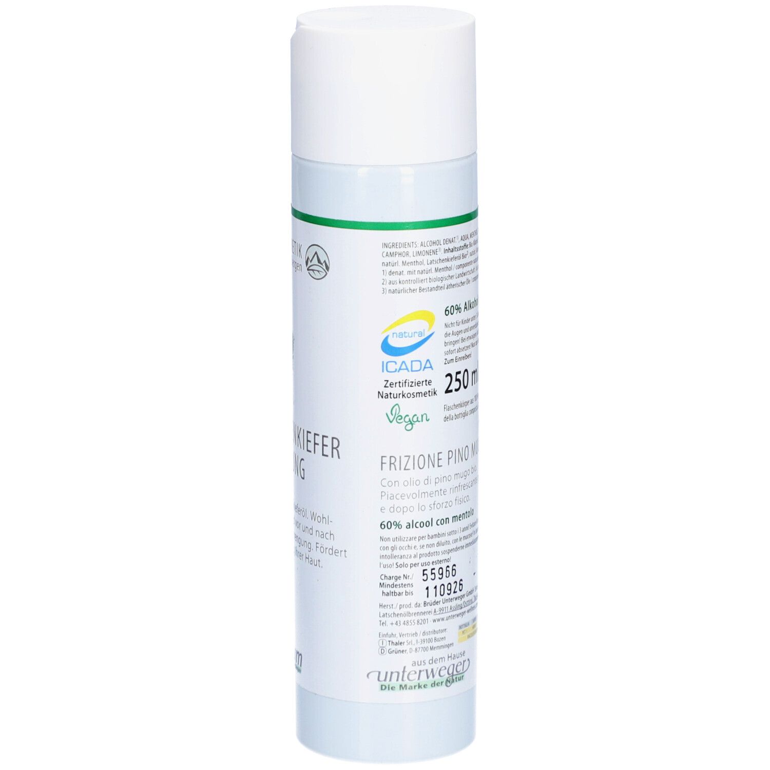 Flacon cylindrique blanc avec détails verts. Inscription: Latschenkiefer Einreibung. 60% alcool avec menthol. 250 ml. Vegan.