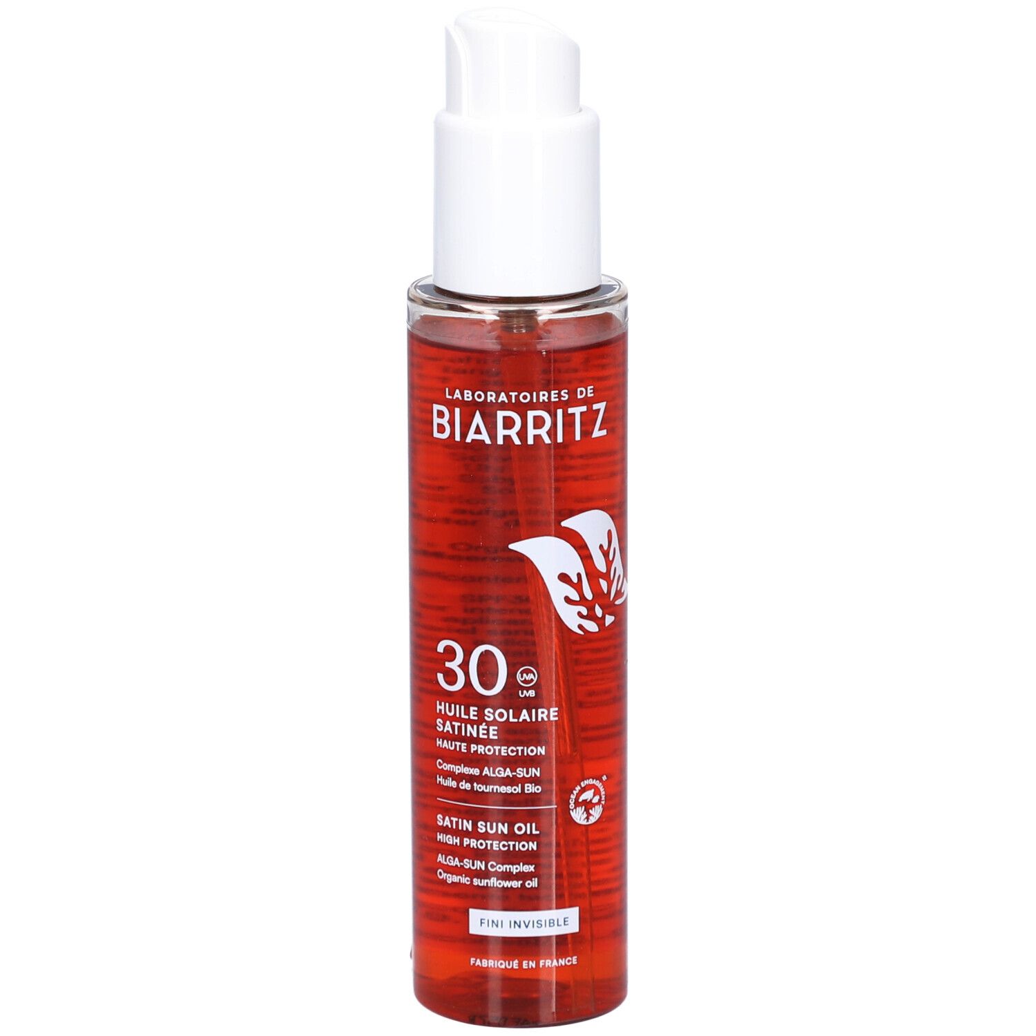 Sonnenschutzöl von Laboratoires de Biarritz. Transparente Flasche mit weißem Pumpkopf. Rote Flüssigkeit sichtbar. Text: SPF30, Huile Solaire.