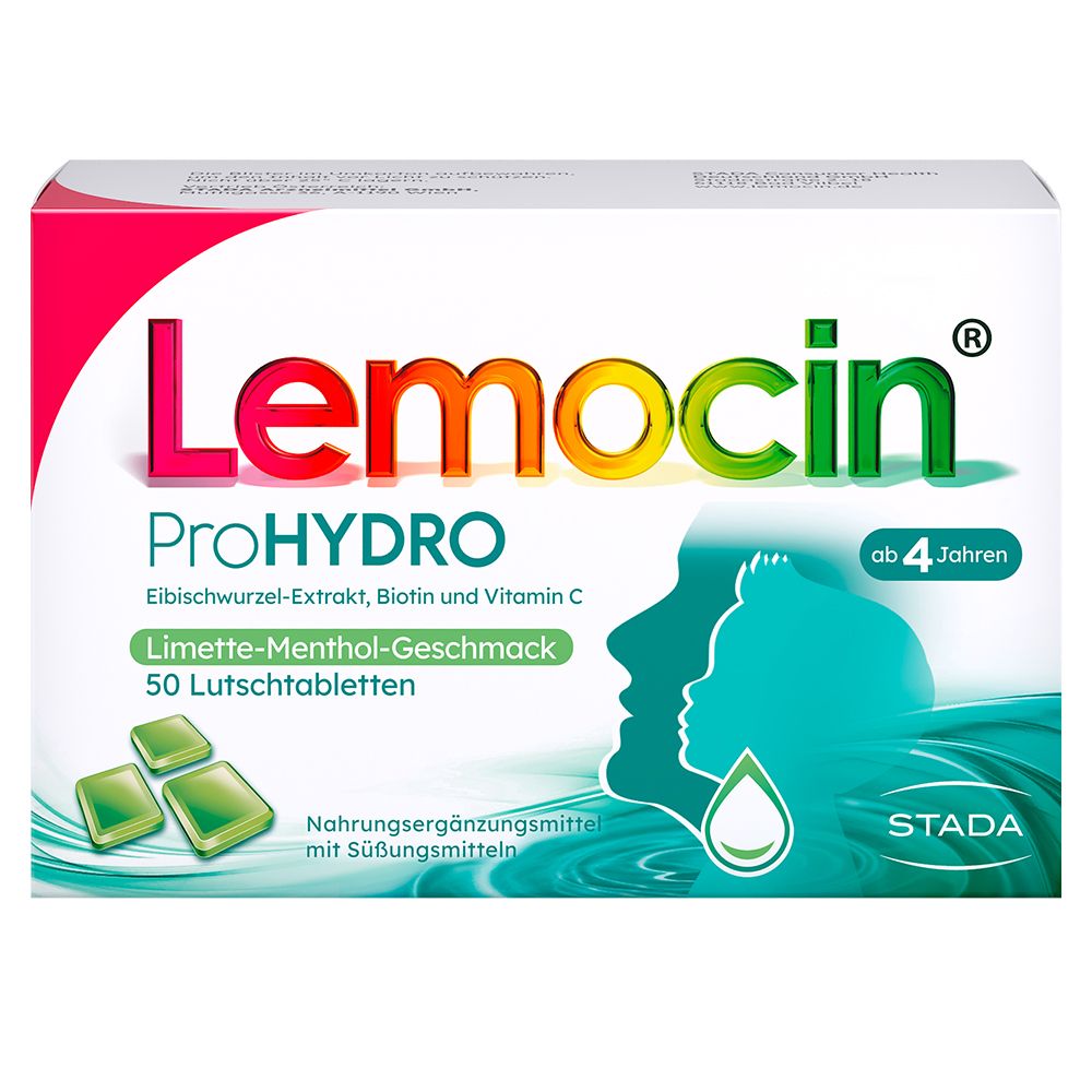 Schachtel mit Lemocin ProHYDRO Lutschtabletten. Enthält 50 Tabletten, ab 4 Jahren. Mit Vitamin C, Biotin und Eibischwurzel.