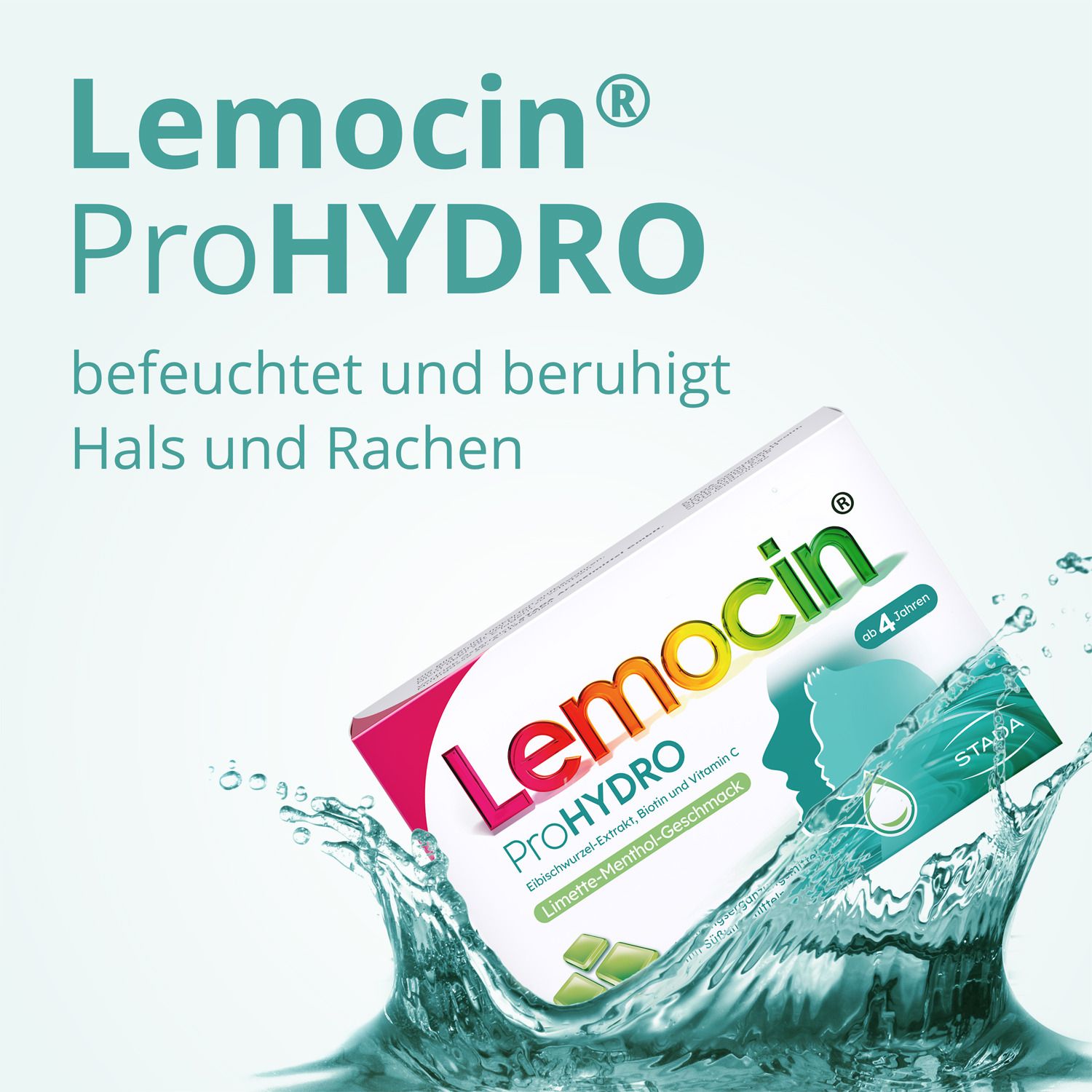 Produktverpackung von Lemocin ProHYDRO. Die Packung ist von Wasser umgeben. Text: befeuchtet und beruhigt Hals und Rachen.