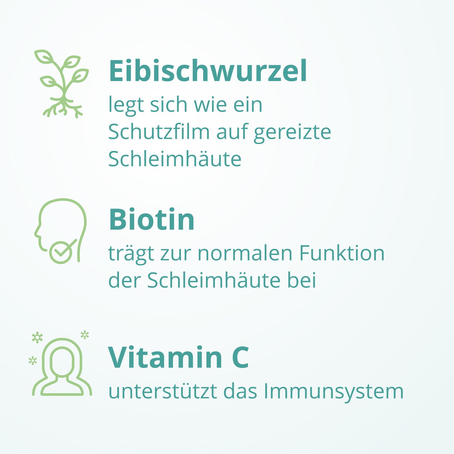 Grafik mit Inhaltsstoffen: Eibischwurzel, Biotin, Vitamin C. Text: unterstützt das Immunsystem.