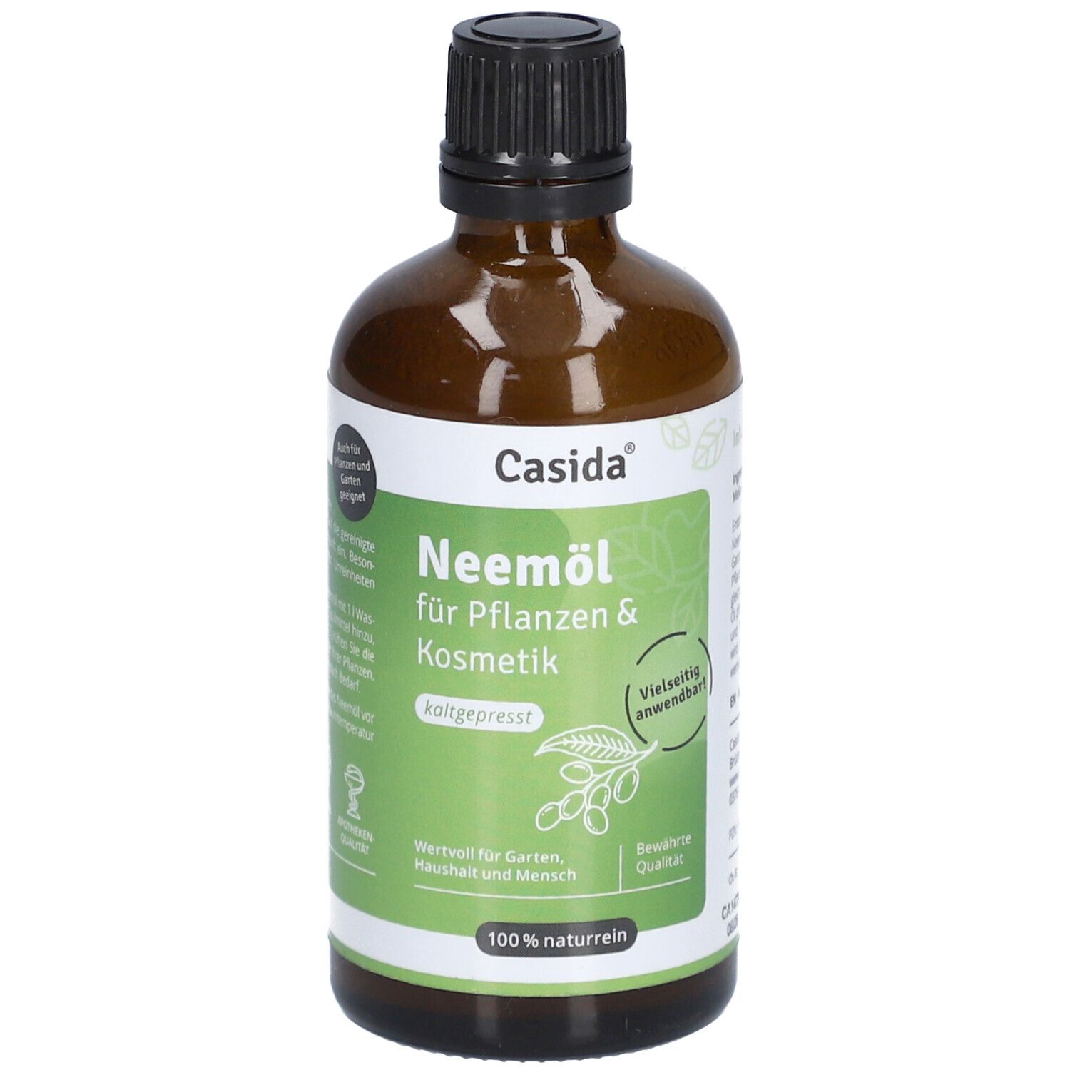 Braune Glasflasche mit schwarzem Deckel. Etikett mit Produktnamen und Logo. 100% naturrein.