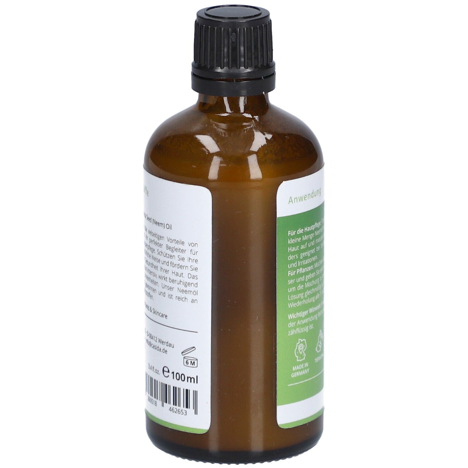 Seitenansicht der Flasche. Etikett mit Produktinformationen und Volumenangabe: 100ml.