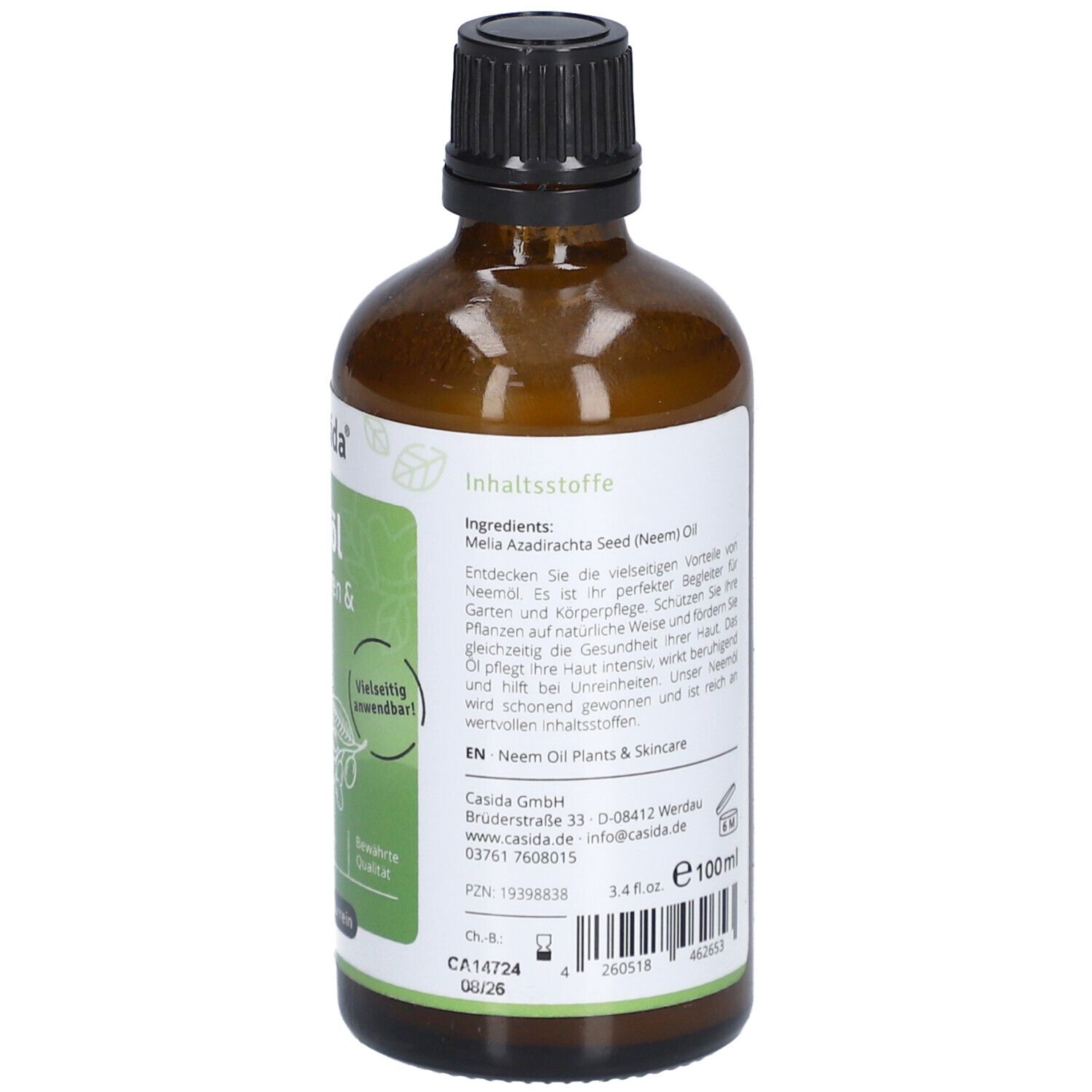 Rückseite der Flasche. Etikett mit Inhaltsstoffen und Herstellerinformationen. Volumen: 100ml.