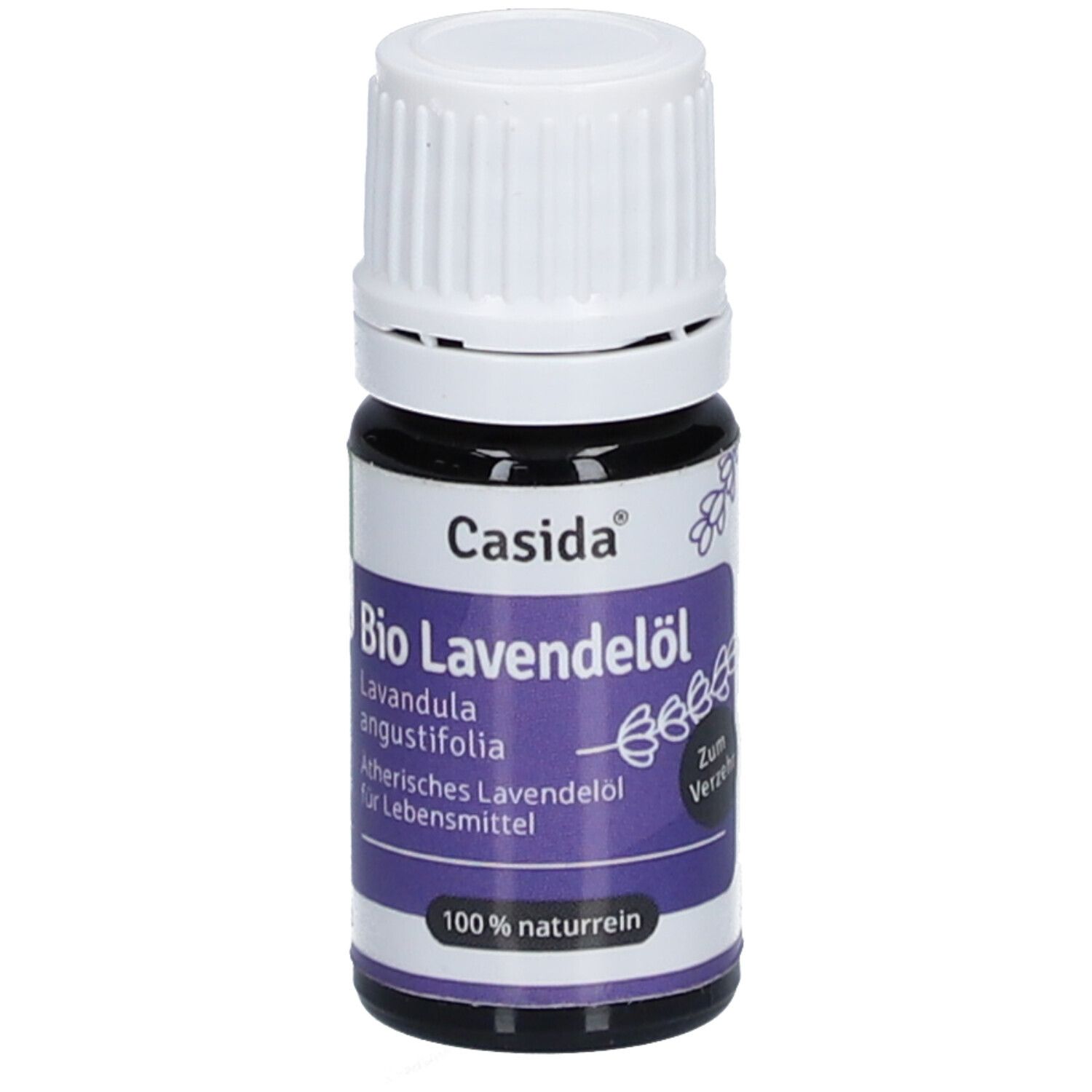 Braune Glasflasche mit weißem Deckel. Aufschrift: Casida Bio Lavendelöl, 100% naturrein. Lila Etikett.