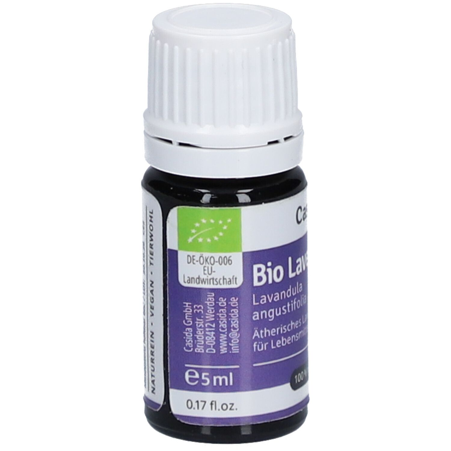 Braune Glasflasche mit weißem Deckel. Aufschrift: Casida Bio Lavendelöl, 5ml, 0.17 fl.oz. Mit Bio-Siegel.