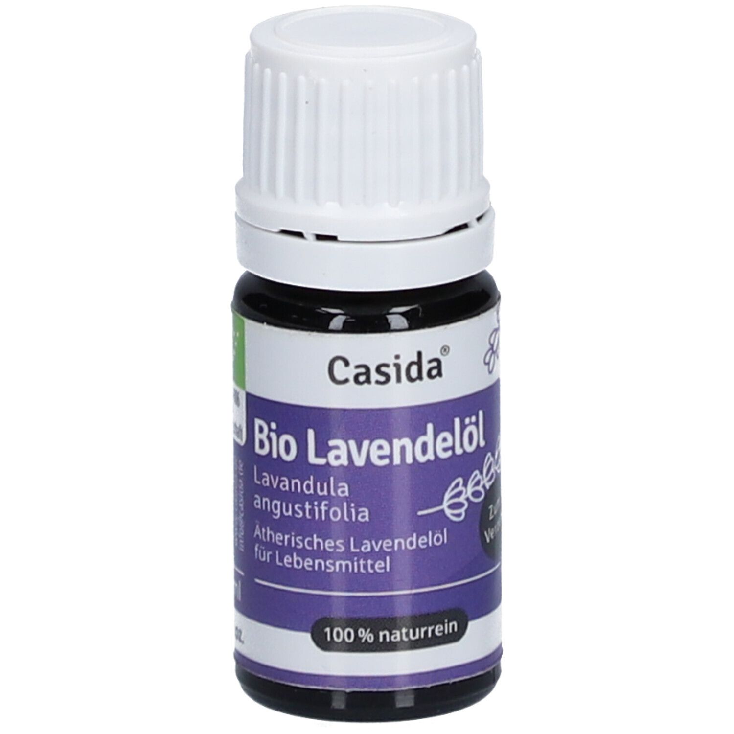 Braune Glasflasche mit weißem Deckel. Aufschrift: Casida Bio Lavendelöl, 100% naturrein. Lila Etikett.