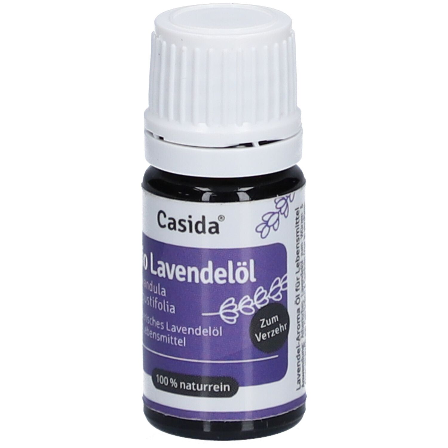 Braune Glasflasche mit weißem Deckel. Aufschrift: Casida, Bio Lavendelöl, Zum Verzehr. Lila Etikett.