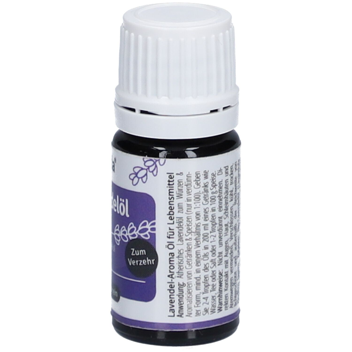 Braune Glasflasche mit weißem Deckel. Aufschrift: Casida, Lavendel-Aroma Öl, Zum Verzehr. Lila Etikett mit Text.