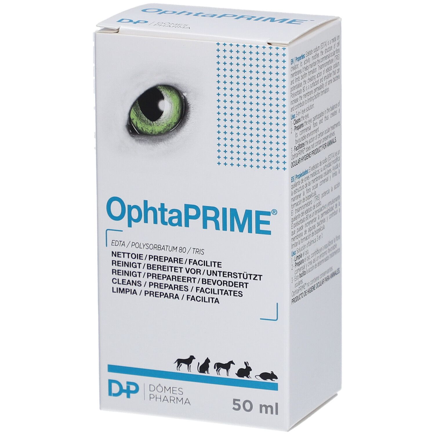 Schachtel mit OphtaPRIME. Aufdruck: Augapfel, Produktname, Inhaltsstoffe, Tier-Icons, 50 ml.