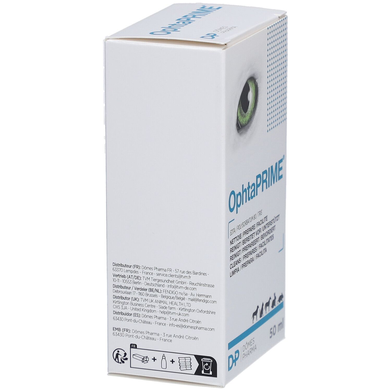 Weiße Schachtel mit OphtaPRIME. Aufdruck: Produktname, Tier-Icons, 50 ml. Rückseite: Text, Adressen.