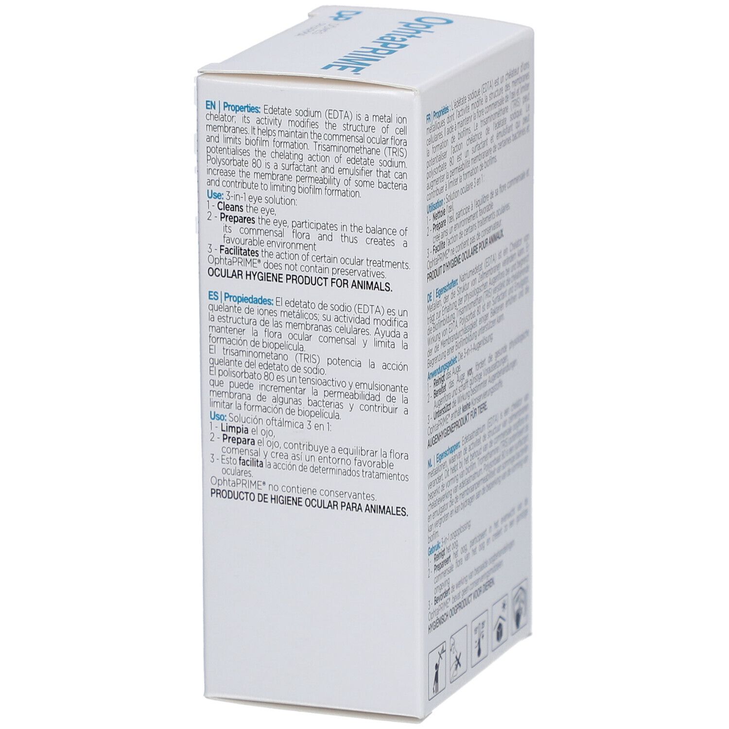 Schachtel mit OphtaPRIME. Text in Englisch, Inhaltsstoffe, Anwendung, Icons. Rückseite: Text, Warnhinweise.